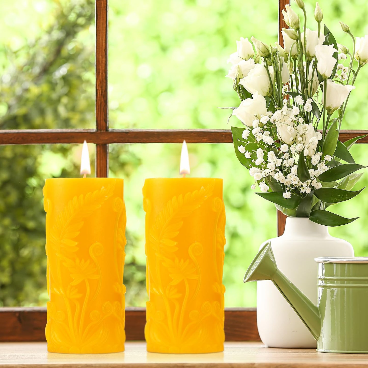 Conelist 2 Pcs Beeswax Pillar Candles Yellow Pillar Candles with Floral Carved 4.6x2.1 Inch 100% Natural Beeswax, Long Burning Gift Wedding Home Decor