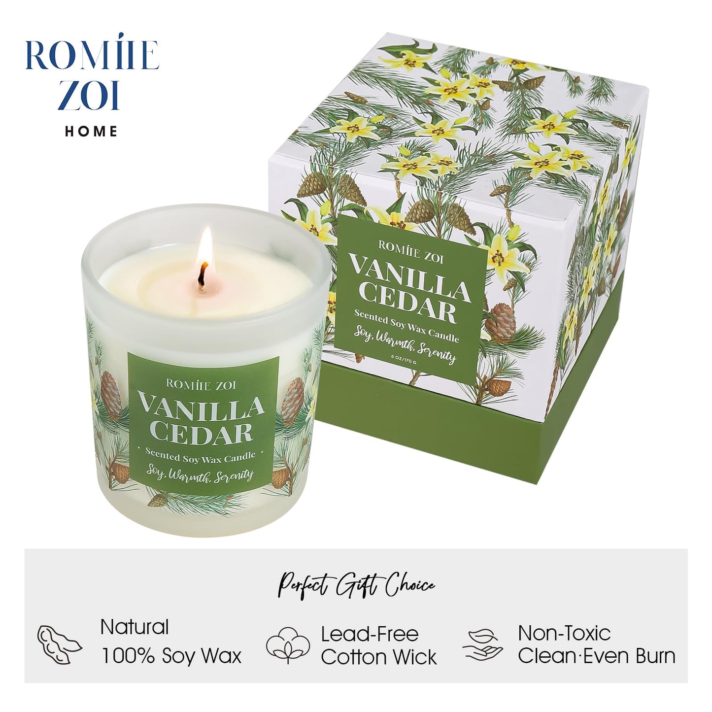 ROMIIE ZOI Aromatherapy Jar Candle - 6oz Soy Wax Candle - Infused with Vanilla Cedar Aroma - with Beautiful Keepsake Box Special for Birthday/Holiday Gifts