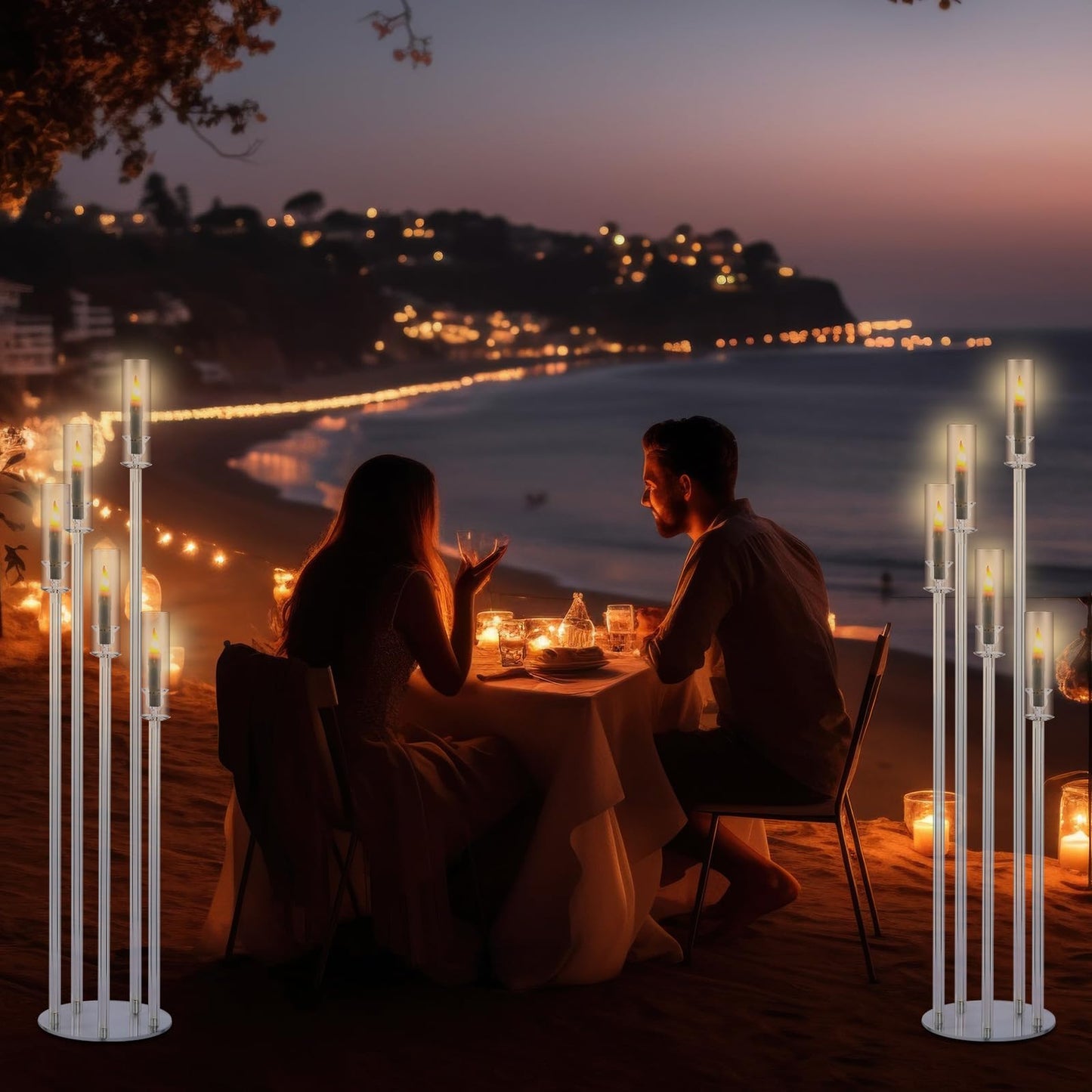 Vesici 2 Pcs 5 Arm 46.4 x 8.7 Inch Acrylic Candelabra Centerpieces for Wedding Table Clear Tall Candlesticks Holder Large Acrylic Candle Holder for Ceremony Floor Home Dinner Party, Fit 0.8 LED Candle