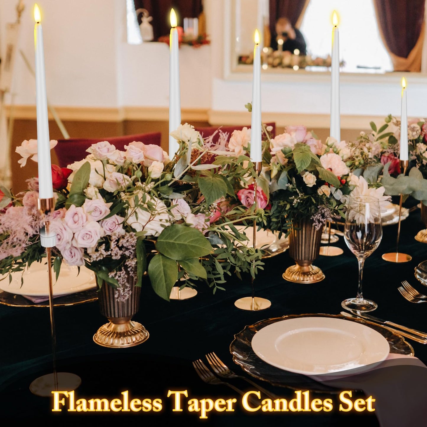 Rossesay 48 Pcs Flameless LED Taper Candles Battery Operated Candles 4 Sizes of 8.5'', 9.65'', 10.83'', 12.8'' Flameless Candlesticks Flickering for Halloween Christmas Church Wedding(White)
