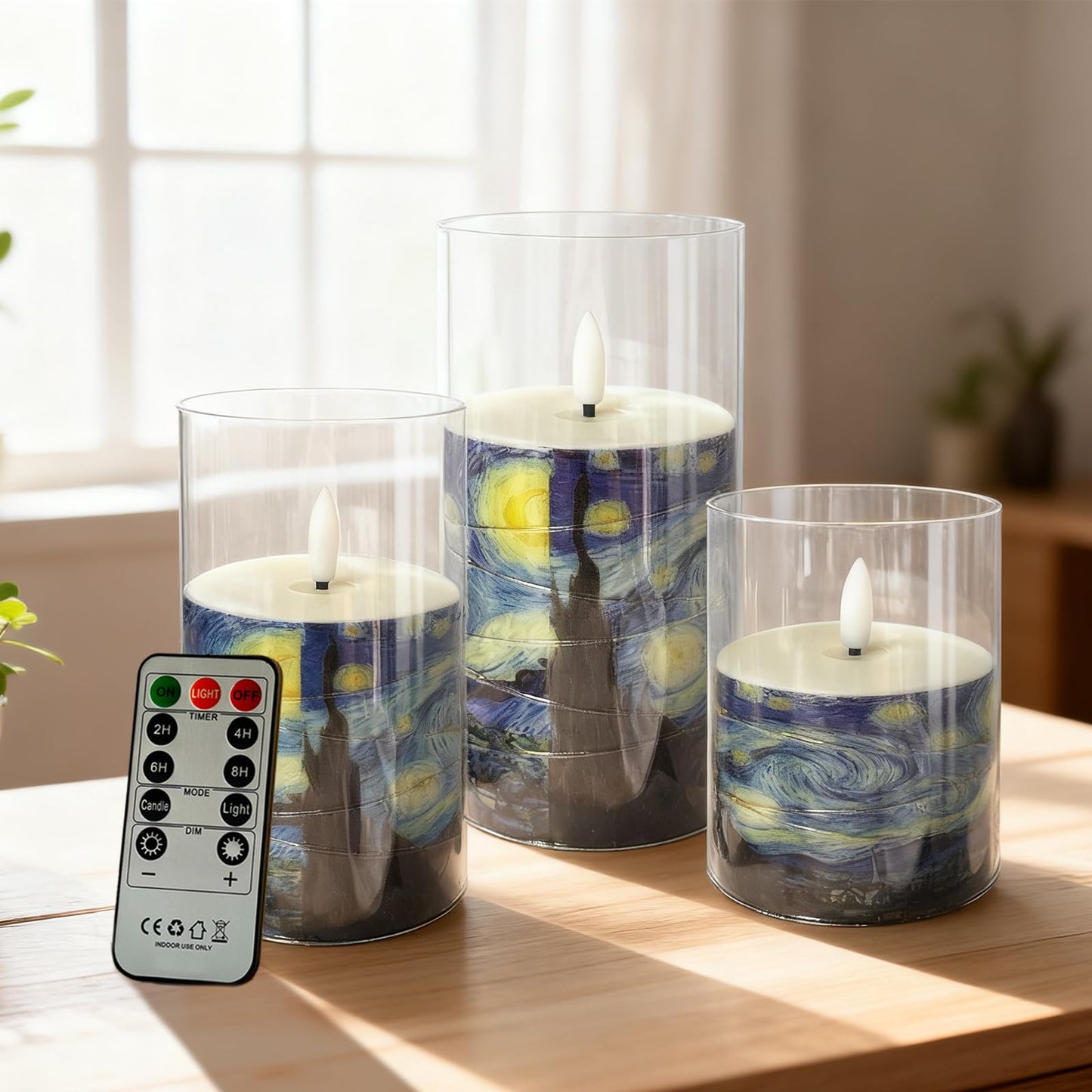 NjaoHoo Flickering Flameless Candles, Recessed String Light LED Candles Acrylic Battery Operated LED Pillar Candles Van Gogh Art Painting Style for Home Decor Set of 3(Starry Night Printed)