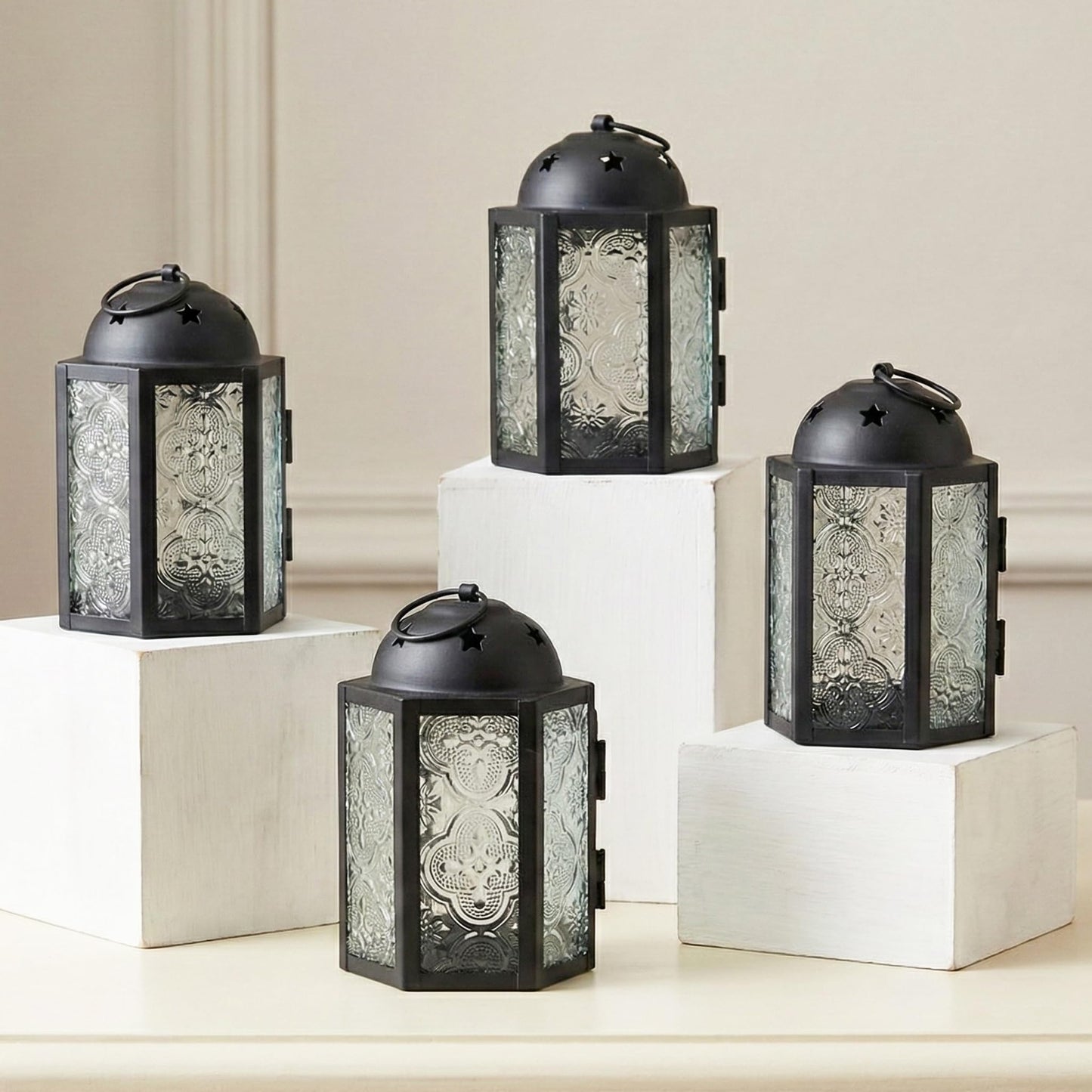 VELA LANTERNS Mini Moroccan Tea Light Candle Holder Lanterns – 4.25" Small Decorative Lantern for Table or Hanging, Metal with Glass Panels – Ramadan, Wedding, Home Decor, Frosted Clear (Set of 4)