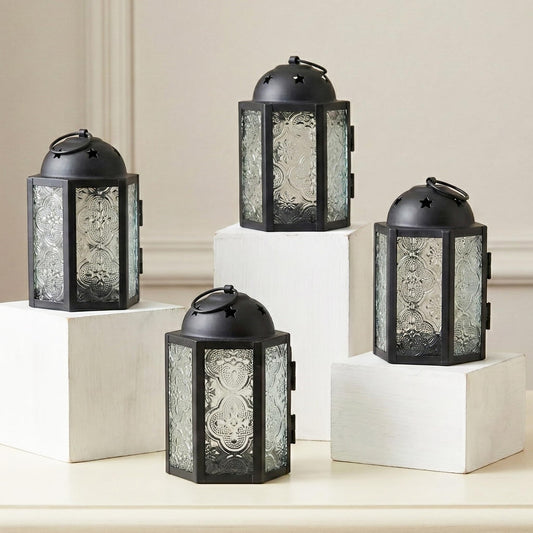 VELA LANTERNS Mini Moroccan Tea Light Candle Holder Lanterns – 4.25" Small Decorative Lantern for Table or Hanging, Metal with Glass Panels – Ramadan, Wedding, Home Decor, Frosted Clear (Set of 4)