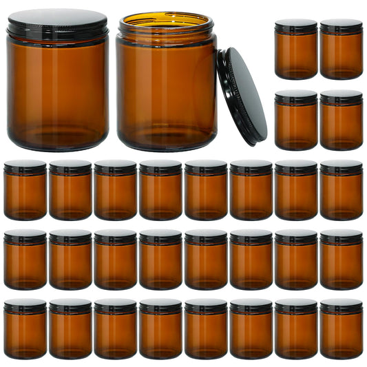 KEYWING 8 oz Candle Jars with Lids, 30 Pack Amber Glass Jars with Black Metal Lids, Round Candle Containers, Empty Jar for Making Candles, Powder, Liquid, Cream