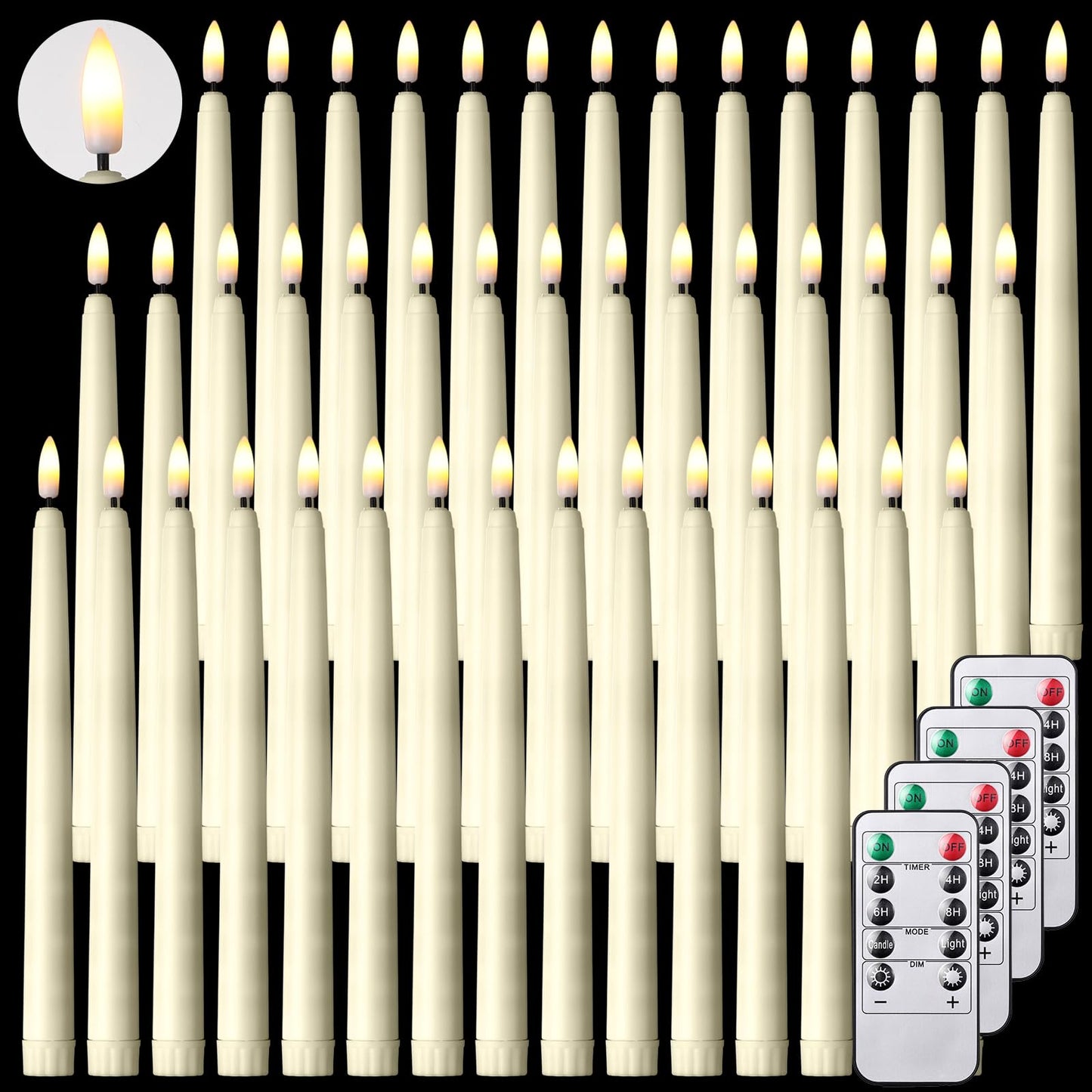 Reginary 48 Pcs Flameless Taper Candles with 4 Remote, Battery Operated Flickering Flameless Taper Candles 3D Wick Fire LED Faux Wax Lights for Wedding Christmas Holiday (Ivory,9.65 Inches)