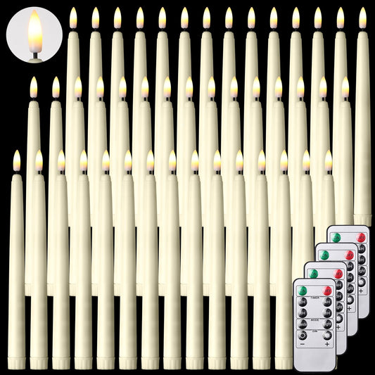 Reginary 48 Pcs Flameless Taper Candles with 4 Remote, Battery Operated Flickering Flameless Taper Candles 3D Wick Fire LED Faux Wax Lights for Wedding Christmas Holiday (Ivory,9.65 Inches)