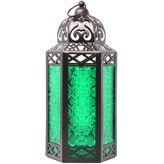 Vela Lanterns Decorative Indoor Candle Holder Table Centerpieces - Moroccan Hanging Outdoor Patio & Porch Home Decor, Turkish Lamp for Wedding, Ramadan (Large 12", Green Glass)