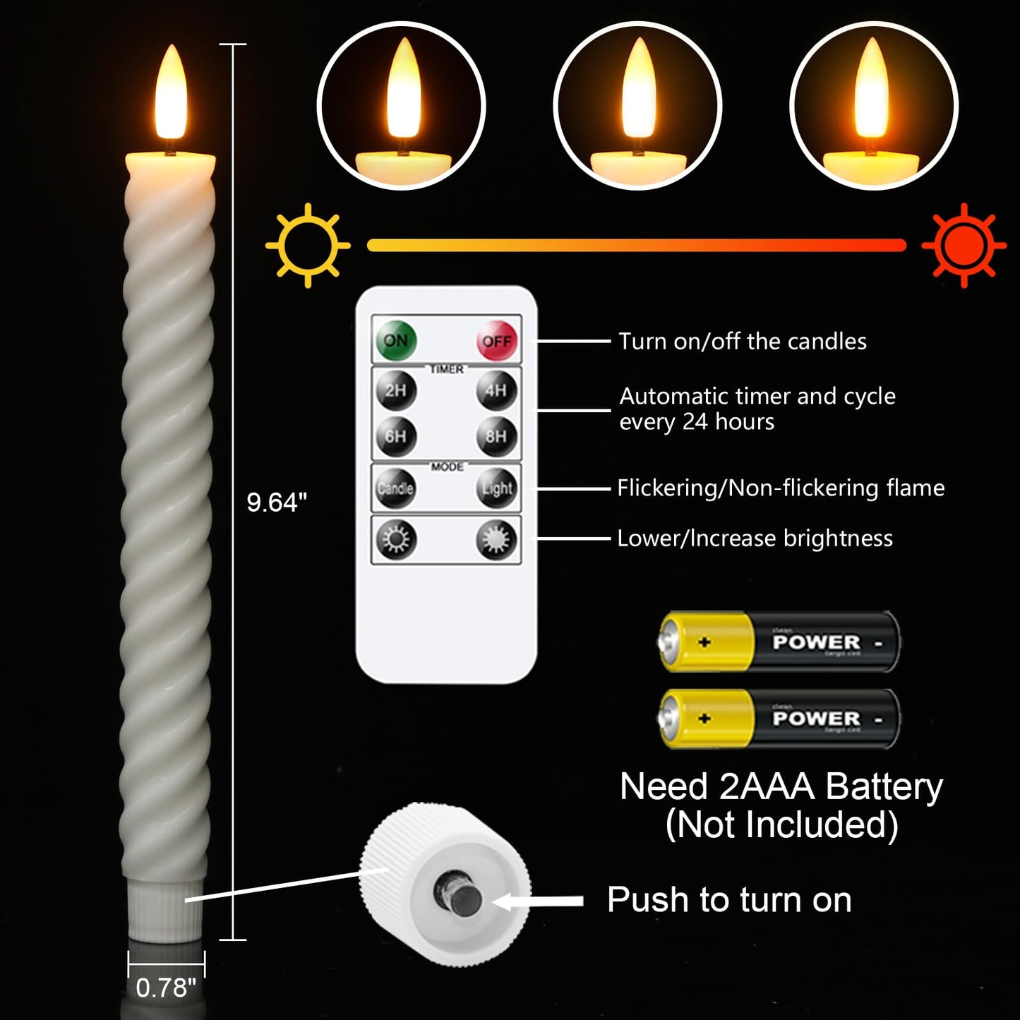 Wondise Flameless Taper Candles with Remote Timer, Real Waxy Battery Operated Flickering Spiral Candlesticks, 3D Wick LED Candles 9.6inch for Halloween Christmas Holiday Wedding Decoration (White