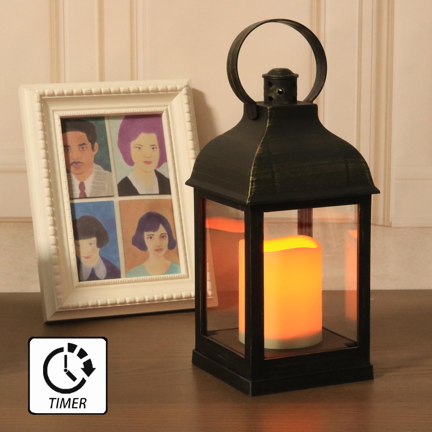 WRalwaysLX 2pack Decorative Lantern with flameless LED Candle Light, ON/Off/Timer Candle with 6Hours, Outdoor/Indoor LED Lantern, Use AAA Battery(not Include) Bronze Plastic (4x9)