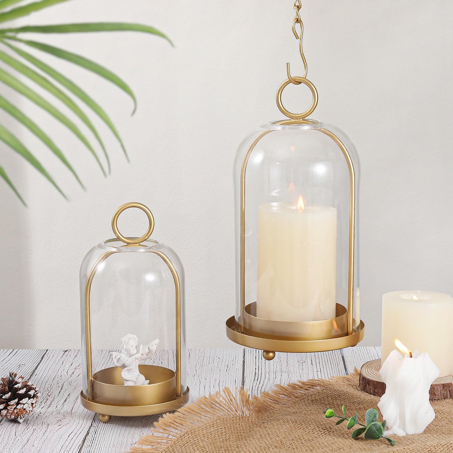 Versatile Metal Candle Holder Set with Handmade Glass Dome,Antique Brass Pillar Candle Stand, 5.2" & 4.1" Wide for Tabletop or Hanging, Industrial & Farmhouse Decor