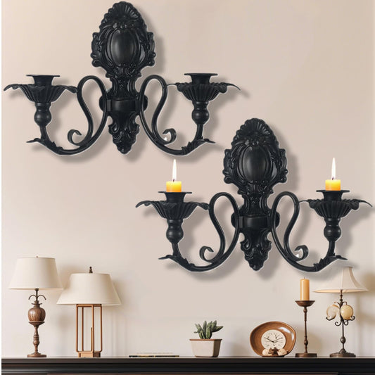 Vexillum 2 Sets Candle Sconce Holder, Metal Gothic Decorations Black Wall Mounted Pillar Candlestick Holder Vintage Rustic Candelabra Decor for Bedroom Dining Room