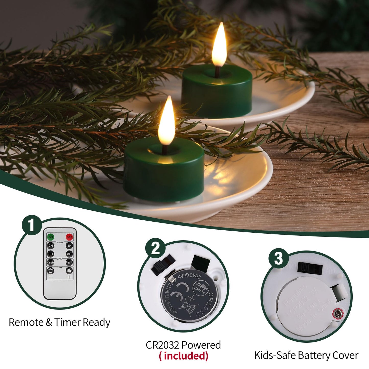 Eywamage Green LED Tealights with Remote Batteries, Flickering Flameless Tea Lights Votive Candles Set of 12