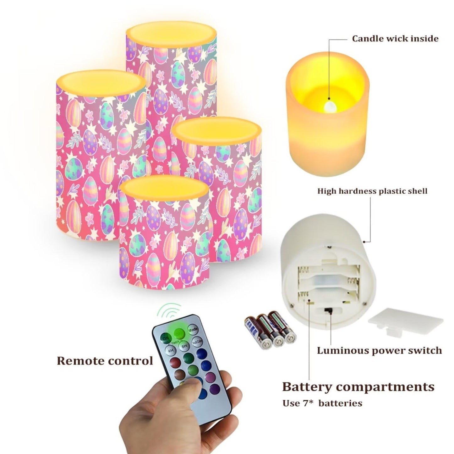 NETILGEN Easter Day Decorative Flickering Flameless Candles Set of 4, Battery Powered with Timer Remote LED Pillar Candles Colorful Easter Eggs Print