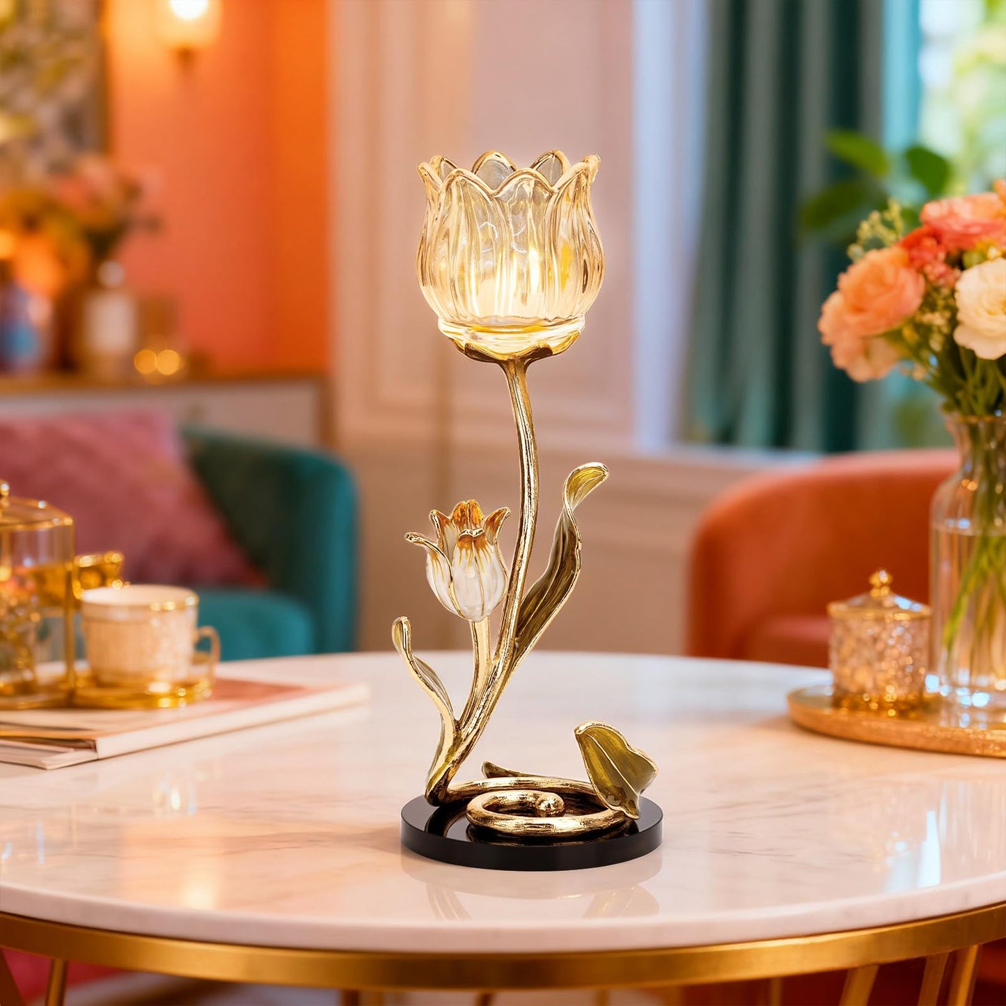 Luxury Crystal Base Glass Flower Candle Holder – Gold Plated Zinc Alloy with Enamel, Romantic Tea Light Holder, French Style Wedding Table Centerpiece, Home Decor