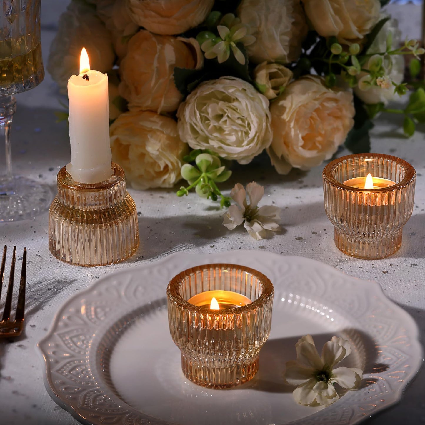 HAVITI 12 Pack Gold Taper Candle Holders, Glass Candlestick Holders, Tea Light Candle Holder for Fall Wedding Centerpieces Table Decorations, Votive Candle Holders for Table Decor