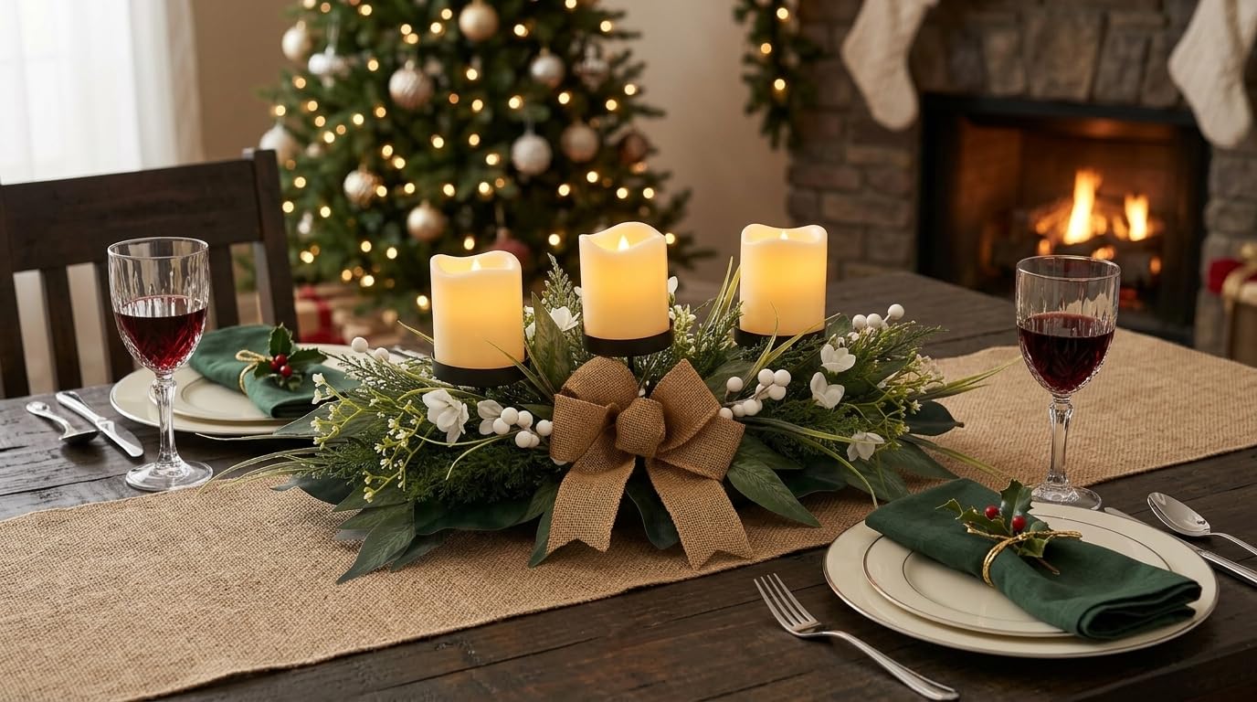 Svndlyn Candle Holders Centerpiece for Dining Table, 3 Wick Holder with Artificial Gypsophila,Magnolia,Holly Berries - Elegant Floral Arrangement for Seasonal Home Decor Table Centerpiece