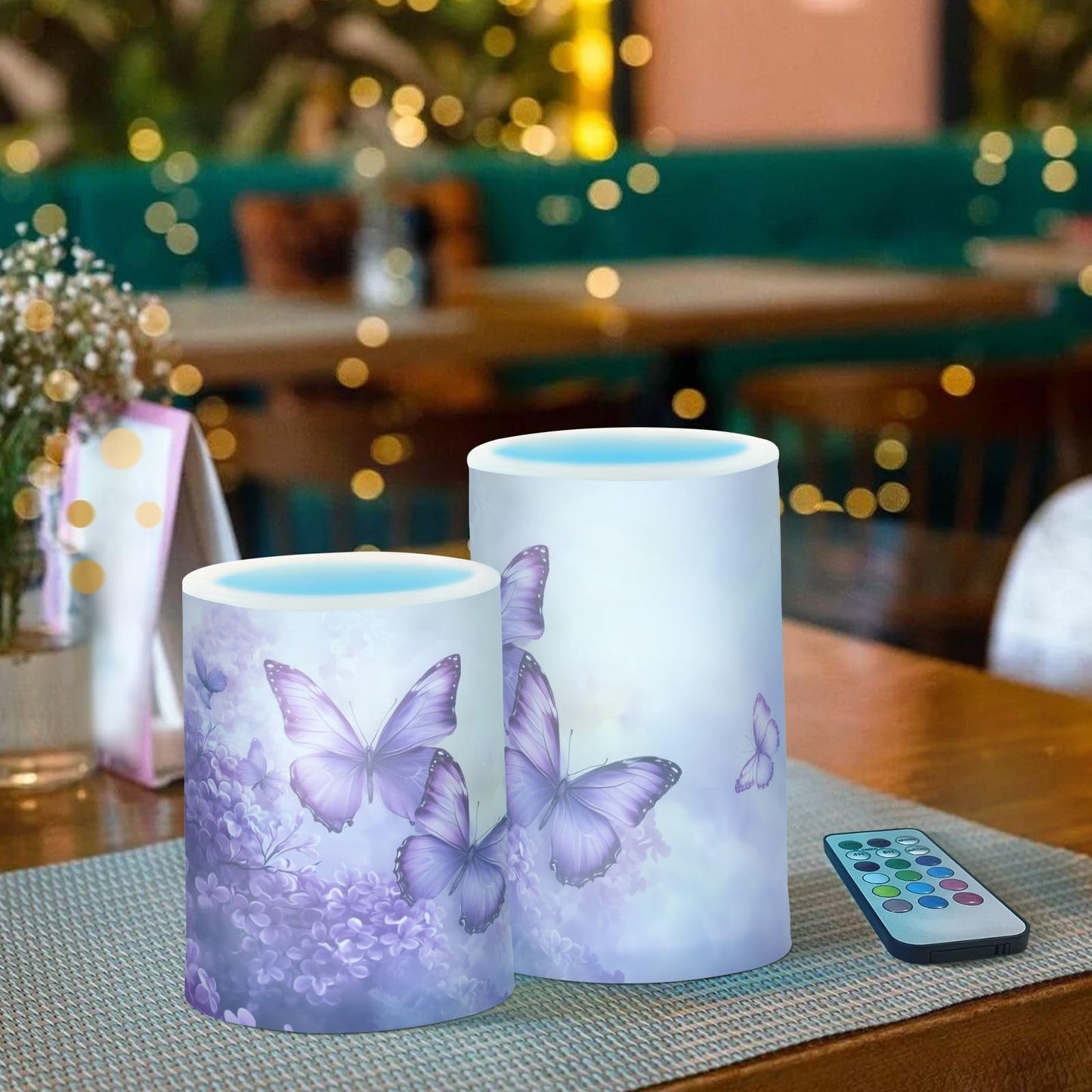 WEVIBOFU Purple Lilac Butterfly Flowers Flickering Flameless Candles LED Battery Operated with Remote Timer Pillar Candles for Home Birthday Wedding Christmas Decor, Set of 2