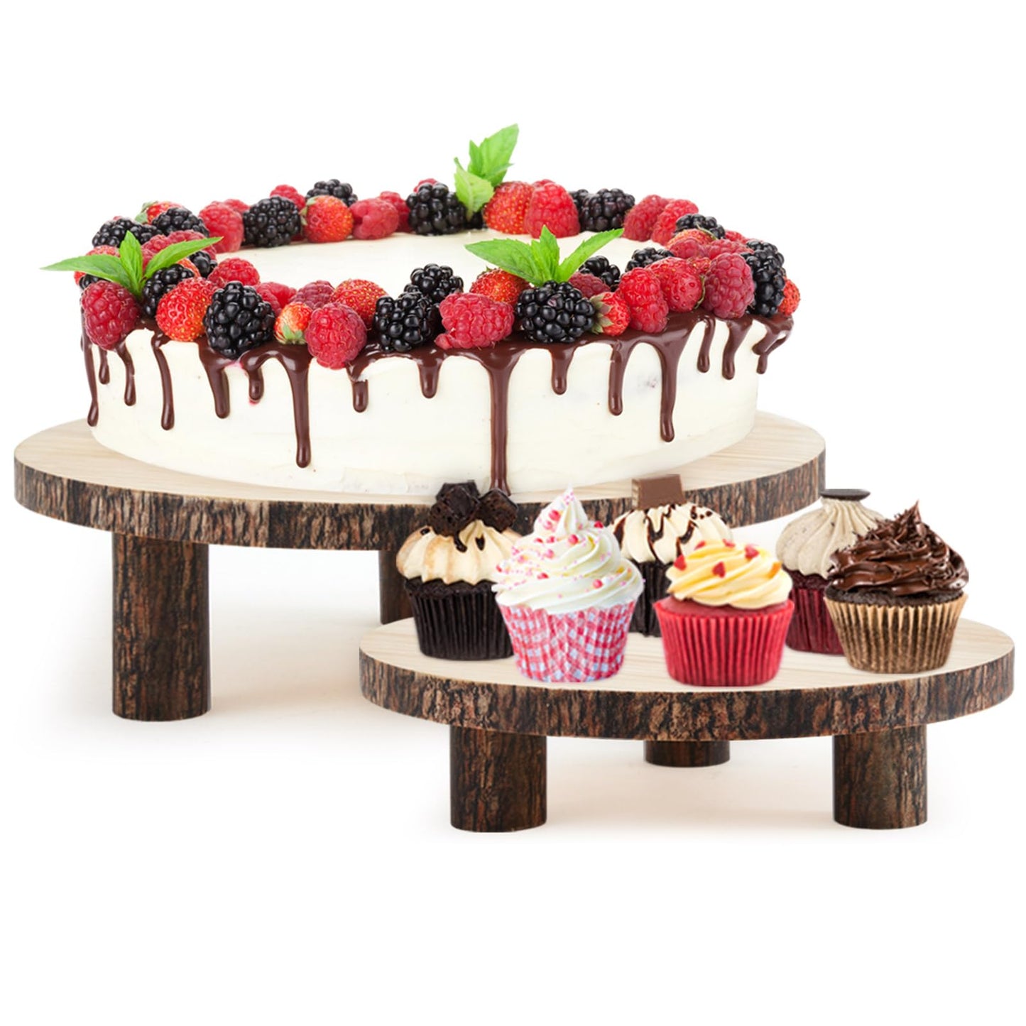 Roowest 2 Sets Wood Cake Stand, 9'' and 10'' Rustic Wooden Slice Boards Round Cake Holder for Party Wedding Birthday Event Farmhouse Dining Room Table Decor Centerpieces Home Decorations