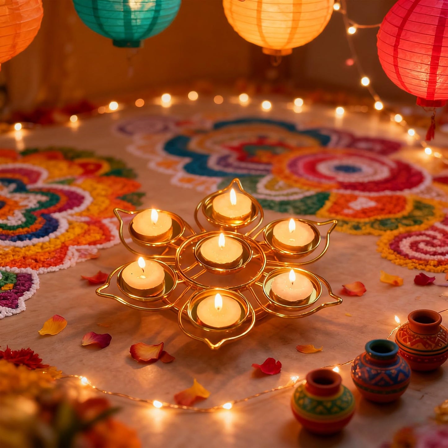 Lotus Tealight Votive Candle Holder, Diwali Decorations for Home, Reusable Metal Diwali Diya for Puja Wedding Navratri Housewarming Gifts Home Decor