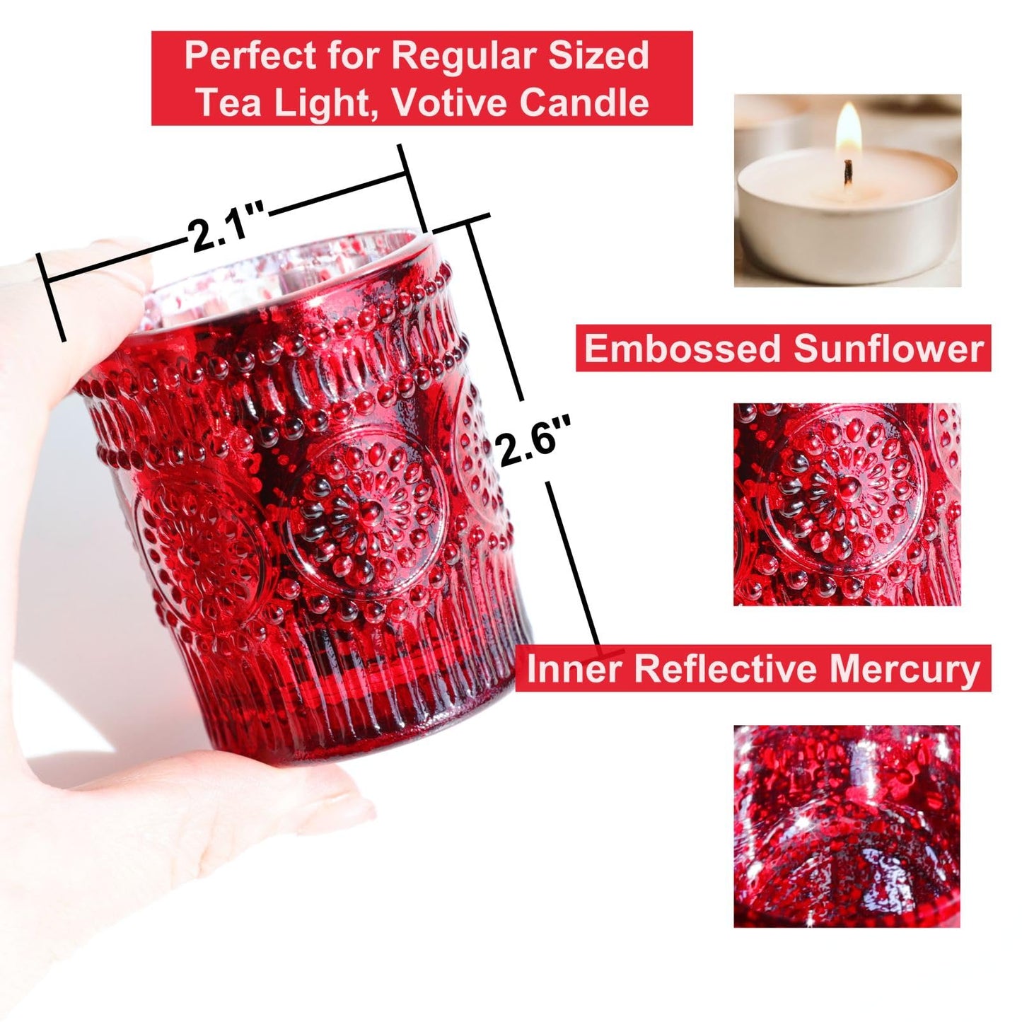 VOHO Red Mercury Glass Candle Holder Set of 12, Boho Sunflower Red Votive Candle Holders for Table Centerpiece, Festive Tealight Candle Holder for Christmas, Thanksgiving, Valentines Day Decorations