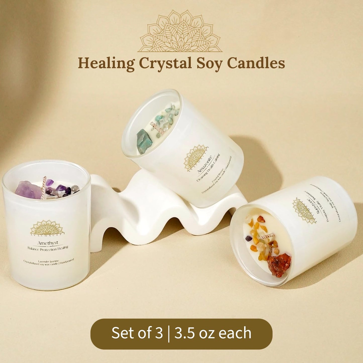AvaConcept Healing Crystal Candle Gift Set – Set of 3 Amethyst, Amazonite & Sunstone Hand-Poured Soy Wax Lavender Jasmine, Coastal Breeze & Jungle Attachment Aromatherapy 3.5oz Each | Premium Gift Box