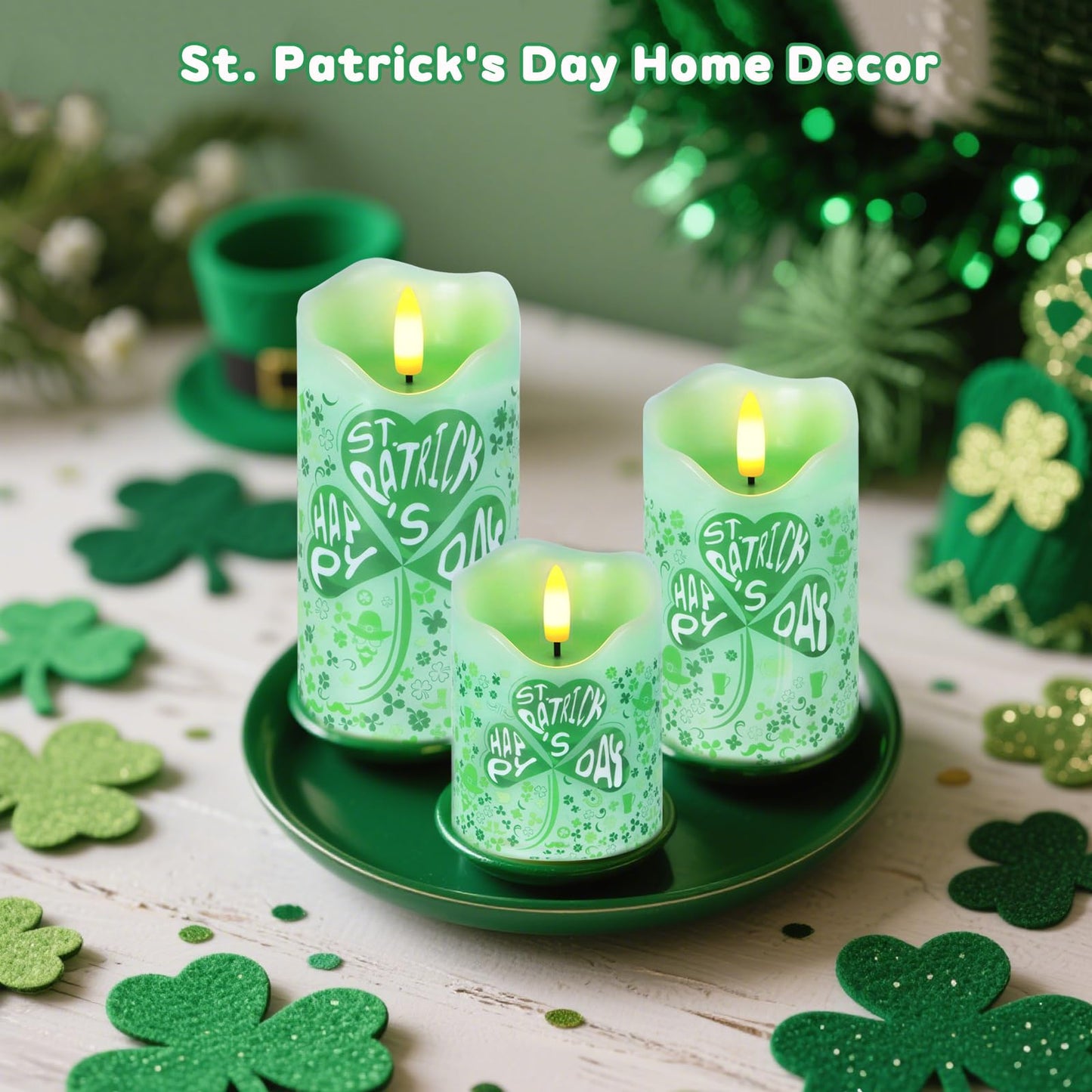 Flameless Candles Lights, Set of 3 Flickering St. Patrick's Day Pillar Candles with Remote & Timer, Dimmable Real Wax Shamrock LED Candles Battery Operated for Home St. Patrick's Day Decor (Clover)