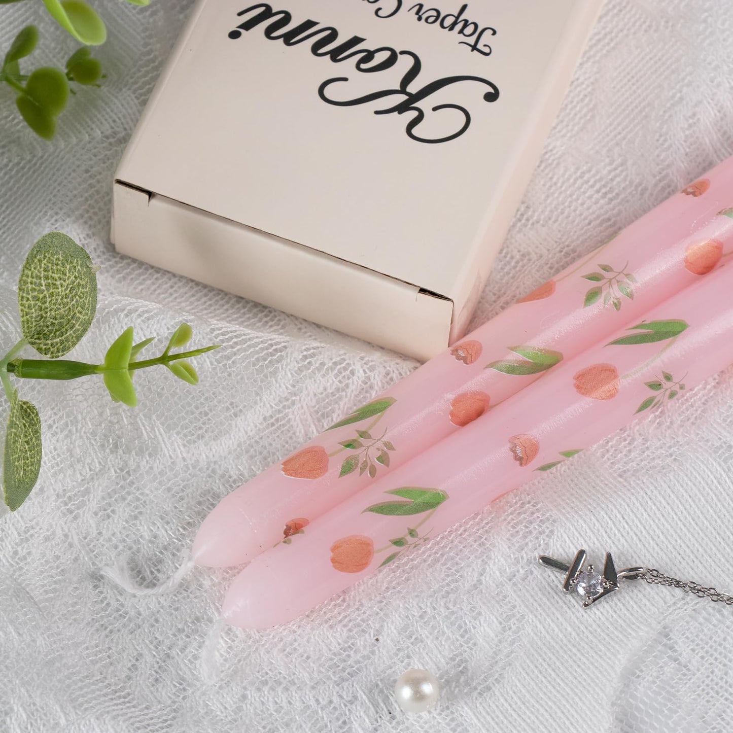 Taper Candles,10 inch 2pc Pink Tapered Candles with Tulip Printed, Unscented and Smokeless Long Burning Candles,Tall Candlesticks with Cotton Wicks,Ideal for Weddings, Home Décor