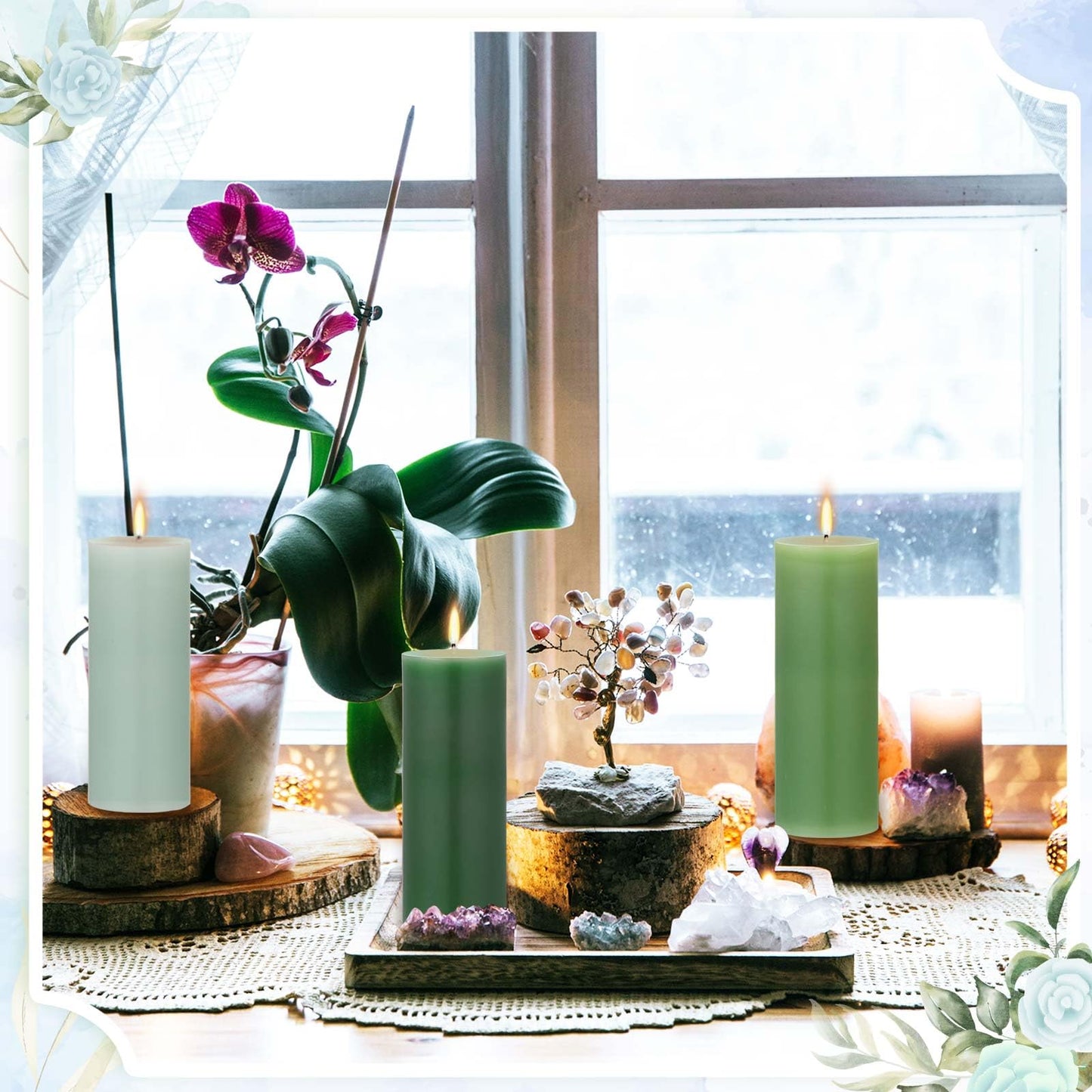 Conelist Set of 6 Gradient Green Pillar Candles 2 x 6 Inch Decorative Unscented Column Candles for Wedding Thanksgiving Christmas Holiday Church Dinner Table Home Relaxation Spa Decor