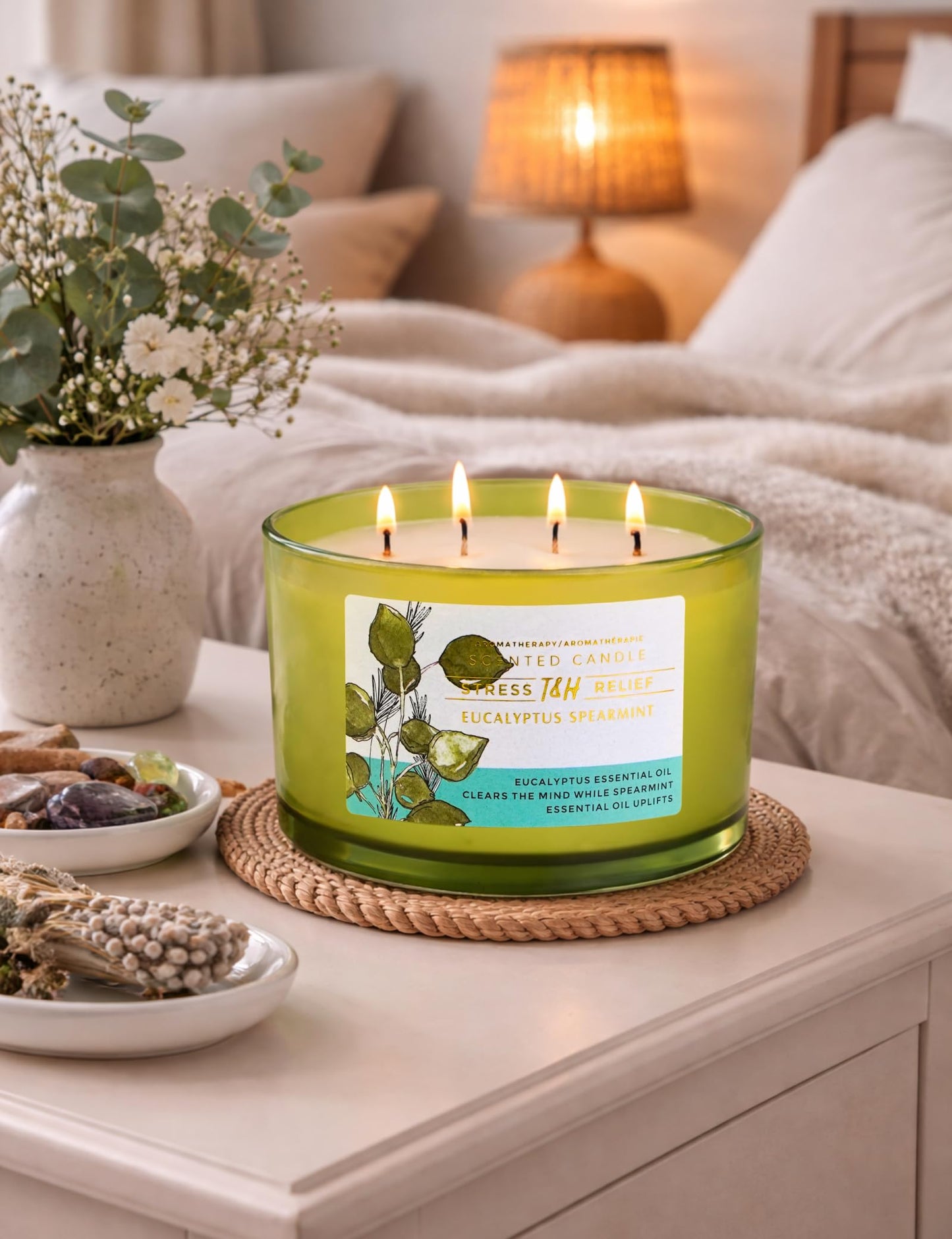 Eucalyptus Spearmint Candle | 4 Wick Extra Large Scented Soy Candle 20 oz | Highly Scented Aromatherapy Stress Relief Spa Candles | Fresh Eucalyptus Mint Home Scent | Long Lasting Clean Burn