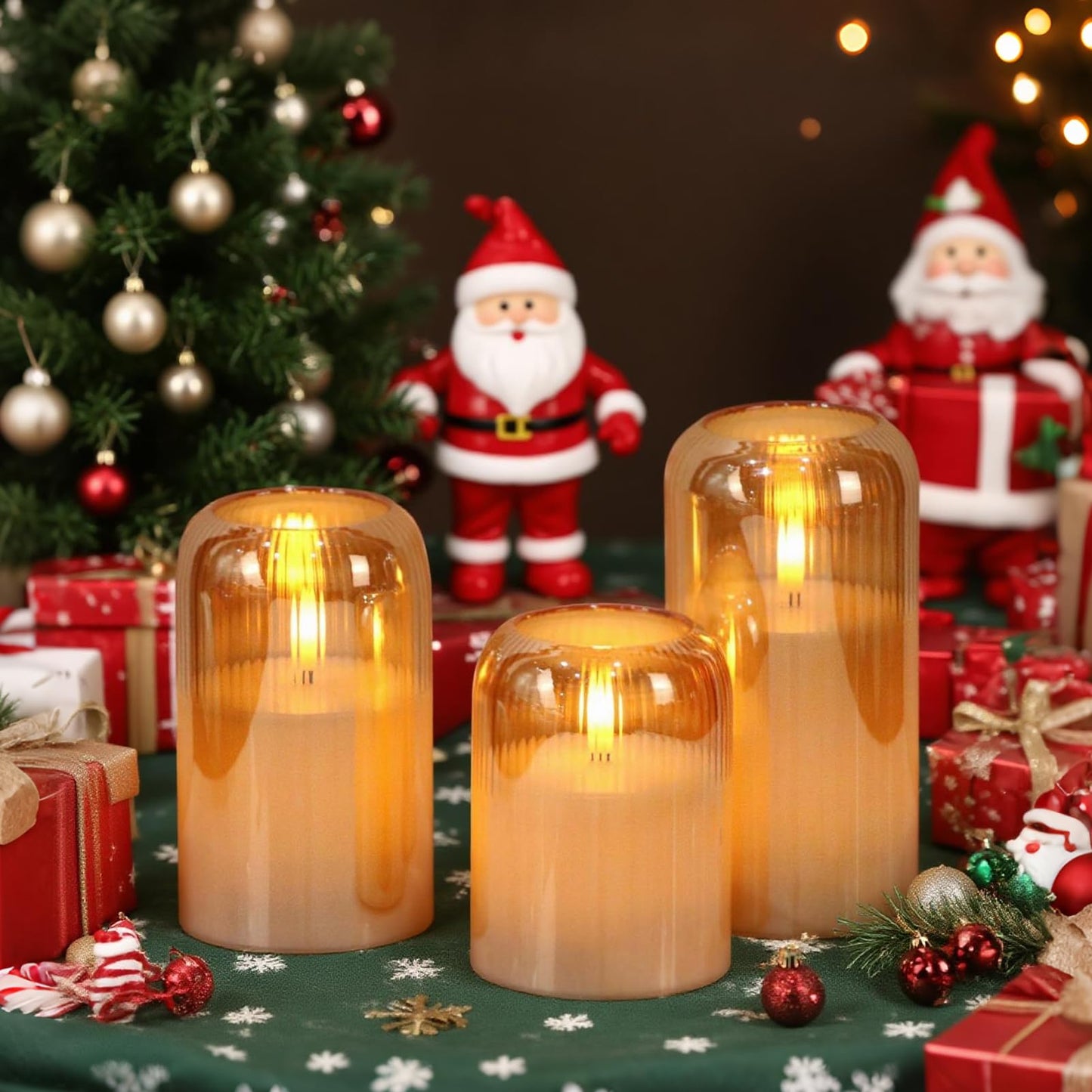 DRomance Glass Flameless Candles with Remote and Timer Battery Operated 3 Pack Real Wax Striped Gold LED Flickering Pillar Candles Dinner Wedding Halloween Christmas Holiday Decor(3" D x 4",5",6" H)