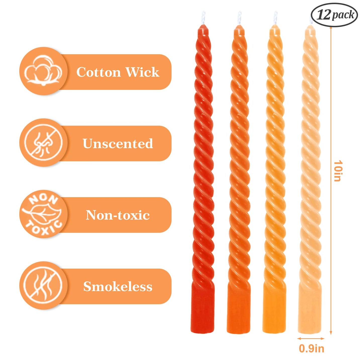 Whaline 12Pcs Fall Gradient Orange Spiral Taper Candles 10 Inch Dripless Twisted Wax Candles Long Unscented Candle Sticks Autumn Halloween Party Home Dining Table Decor