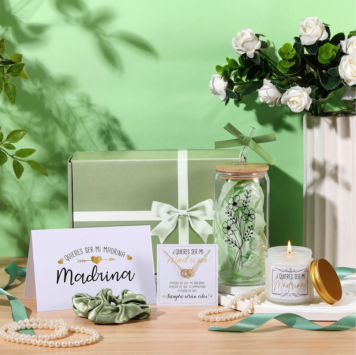 Singhoow 6 Pcs Godmother Proposal Gift Set, Will You Be My Godmother Gift Box, 16oz Glass Cup, Necklace & Scented Candle from Godchild for Baptism Mother’s Day Birthday(Spanish,Sage Green)