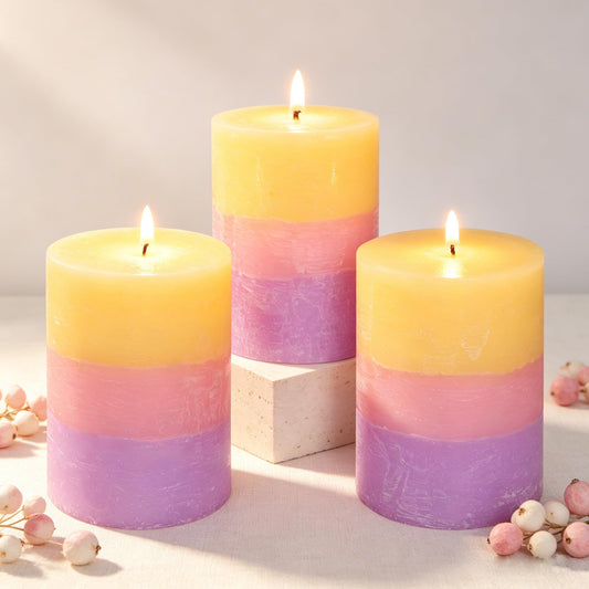 Cafemoon Scented Pillar Candles Set of 3, 3x4 Inch Fruity Floral Aroma Candles for Home Décor, Yellow Pink Purple Vintage Textured Surface Long Lasting Smokeless Dripless for Living Room Party Dinner