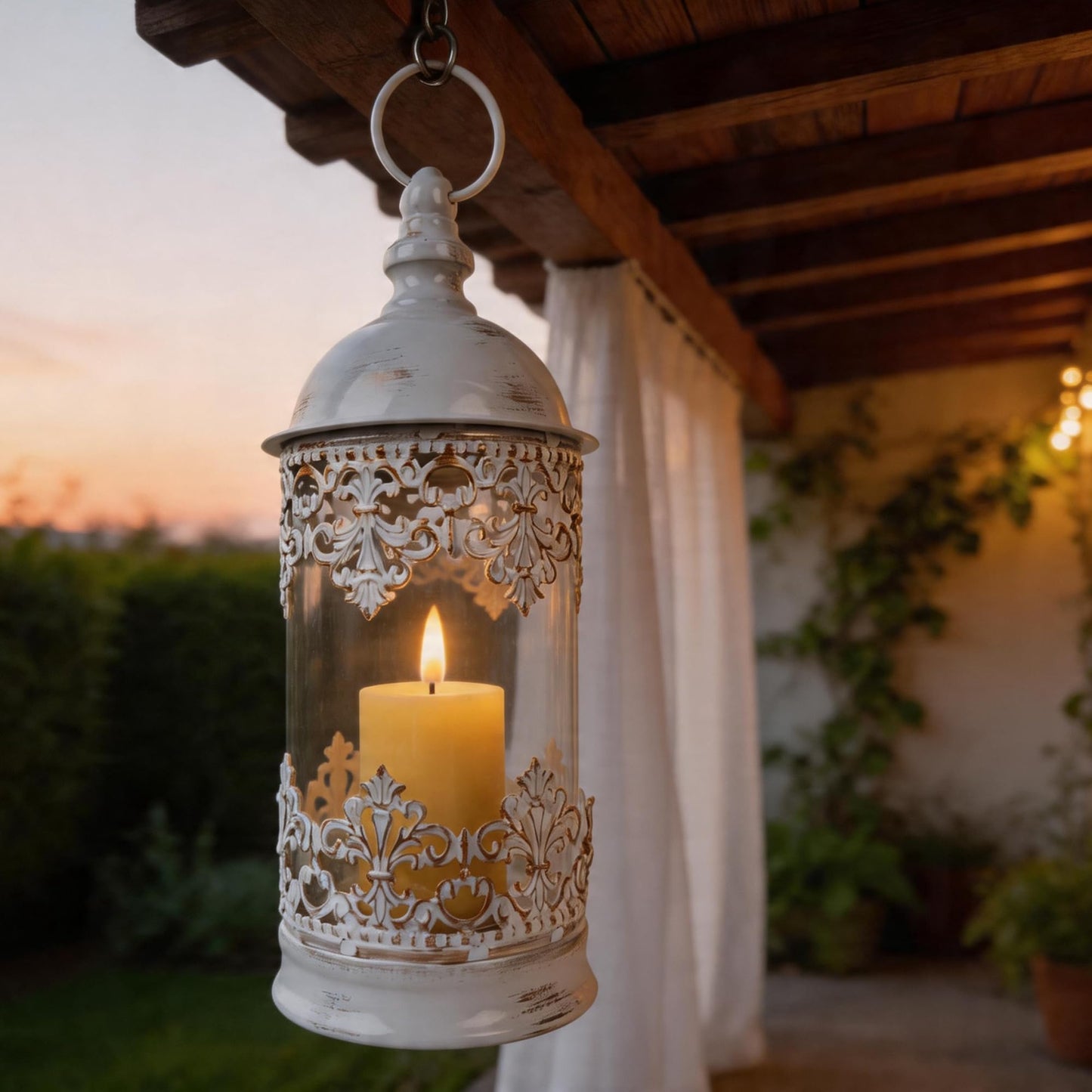 HiSnug Candlestick Holders with Flameless Candles - Gothic Vintage Hurricane Candle Holder, Portable Wind Lamp Barn Lantern Suspended Candleholders for Table Shelf Balcony Eaves, 2PCS, S+L, White