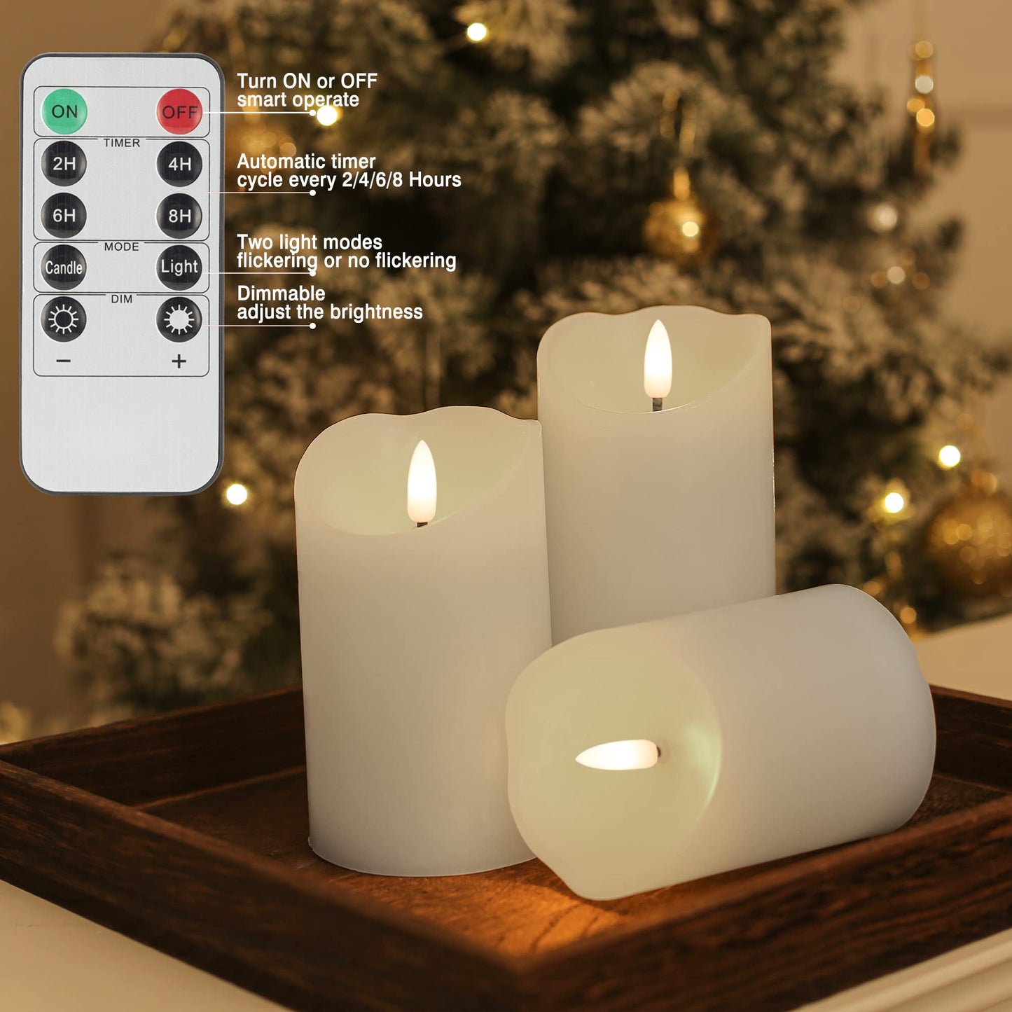 LUSHARBOR Flameless Candles with Remote, Battery Operated Wax LED Flickering Candles - Set of 3 (White) with Timer for Home Decor, Perfect for Christmas Party White