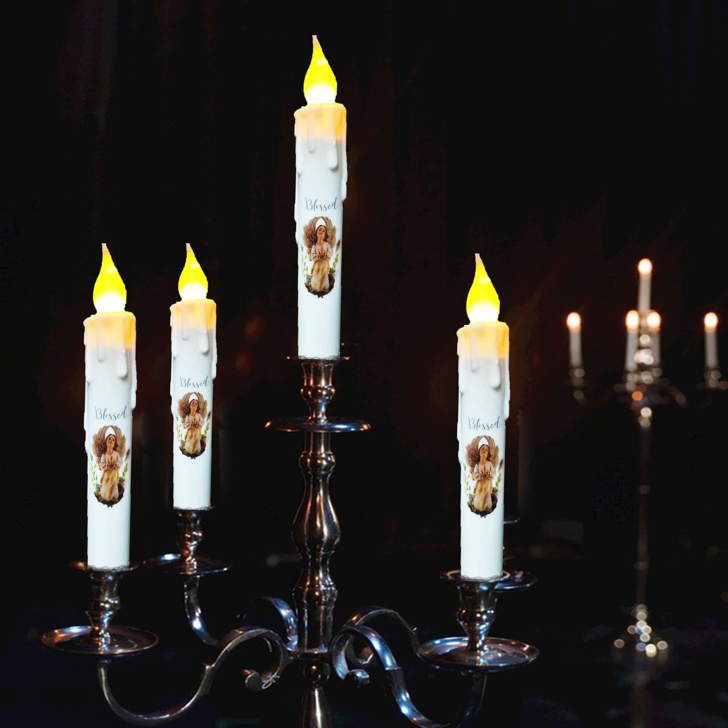 TAIANLE.Battery Operated Taper Candles with Timer, 6.75 Inch Set of 4 Primitive Flameless Taper Candles Flickeirng Flame,Angel Blessed Decor Halloween Wedding Christmas Window Decor