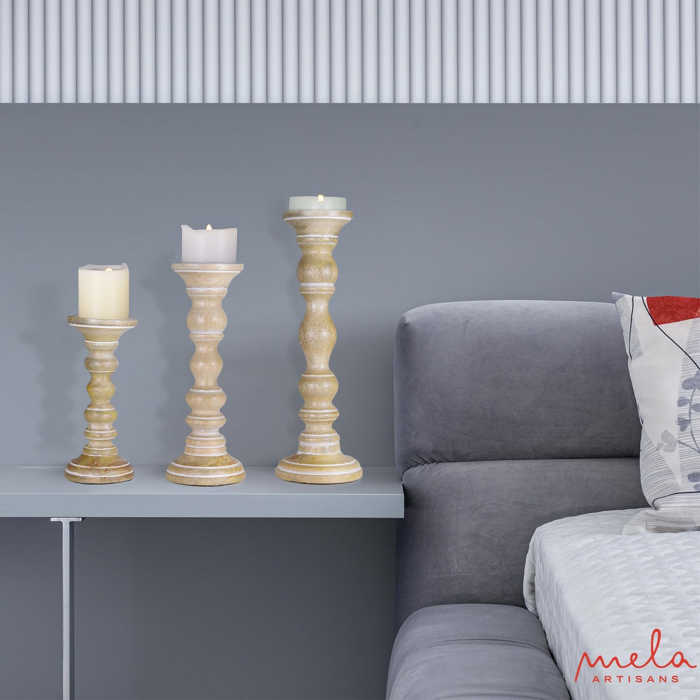 “Willow” Candle Holders for Pillar Candles (Whitewash, Set of 3) - Mangowood Candle Stand - Farmhouse Wooden Candle Holders Pillar -Candle Holder Decor for Fireplace or Table Centerpiece -9”, 12”, 15”