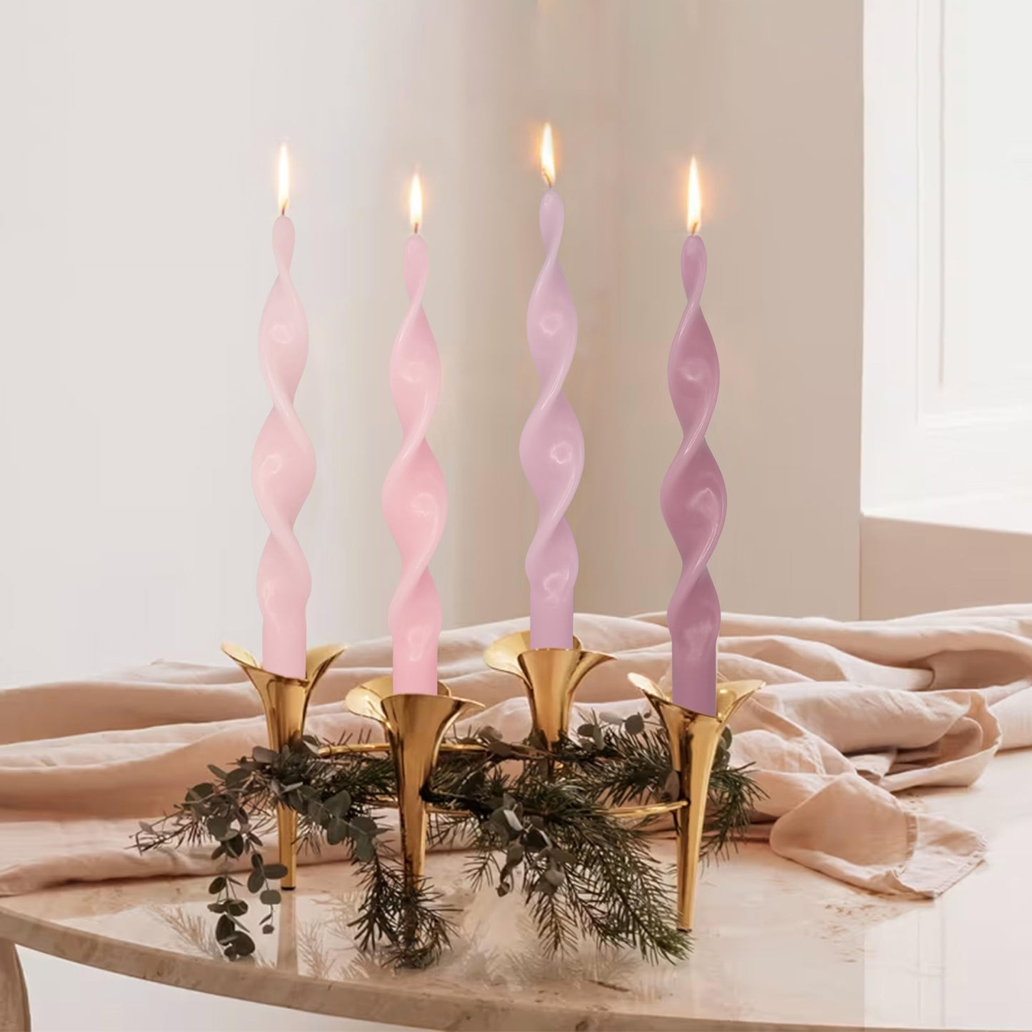 Unscented Gradient Pink Spiral Taper Candle Smokeless Taper Candlesticks Handmade 10 Inch Long Twisted Candles for Wedding Holiday Home Decor Gifts
