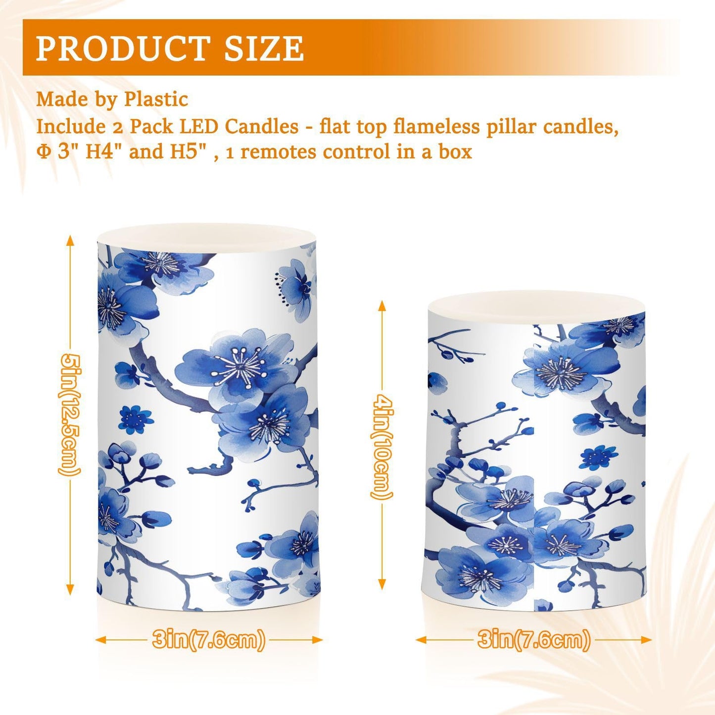 GUIJI Blue Peach Blossom Flameless Candles - Set of 2, Battery Operated Pillar Candles for Home Decoration, Christmas, Party