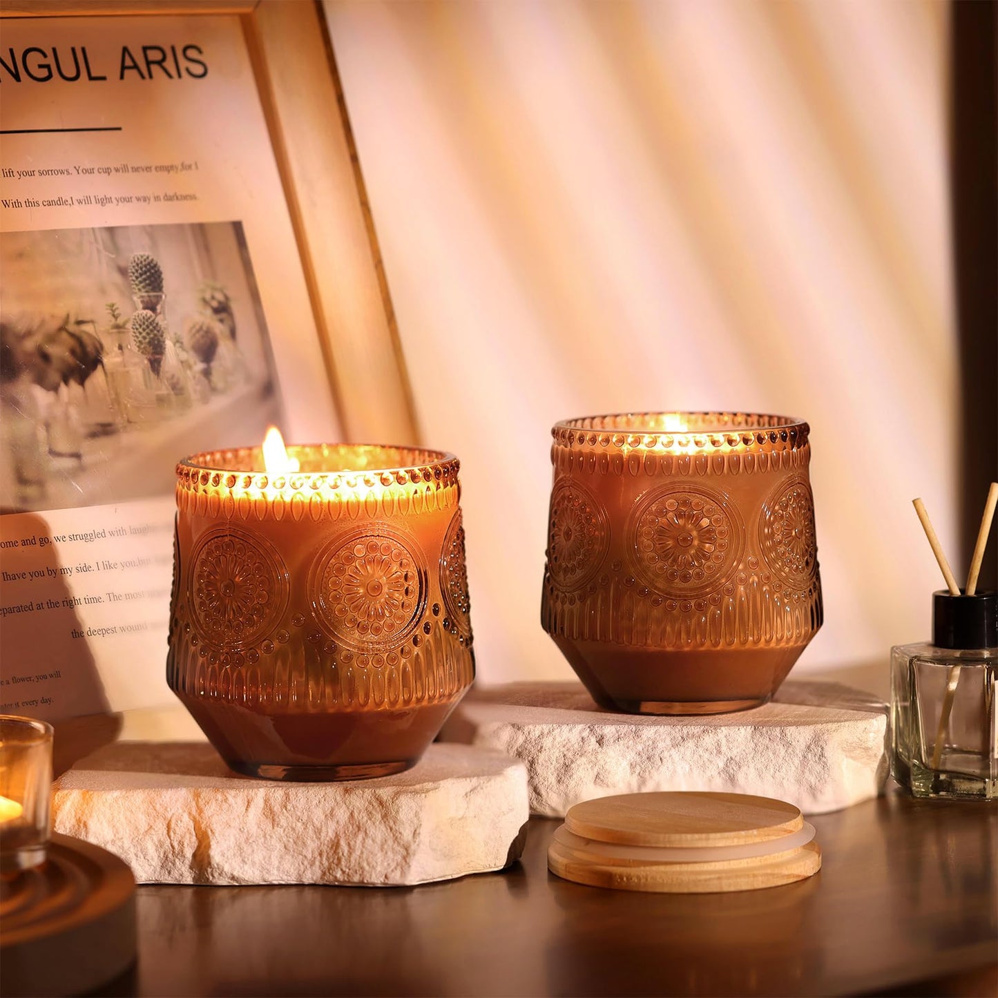 LAMORGIFT 6 Pack Terracotta Candle Jars for Making Candles- Large 13.5oz Glass Jars with Wooden Lids and Labels, Empty Candle Jar Containers Vessels for Candle Making Supplies