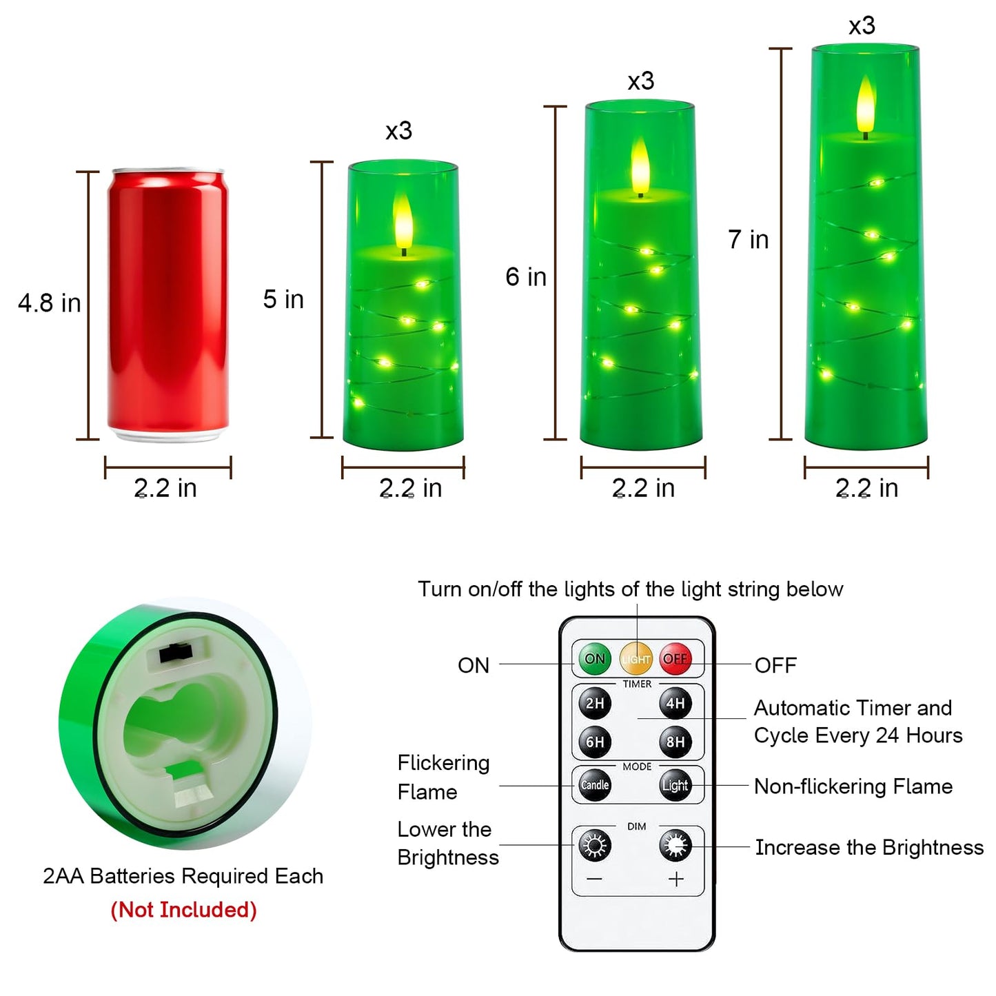 Raycare St. Patrick's Day Flameless Candle with Remote Timer – 9 Flickering Acrylic Battery Operated LED Pillar Candles with Embedded Star String for Home Decor, and as a Gift(Green)