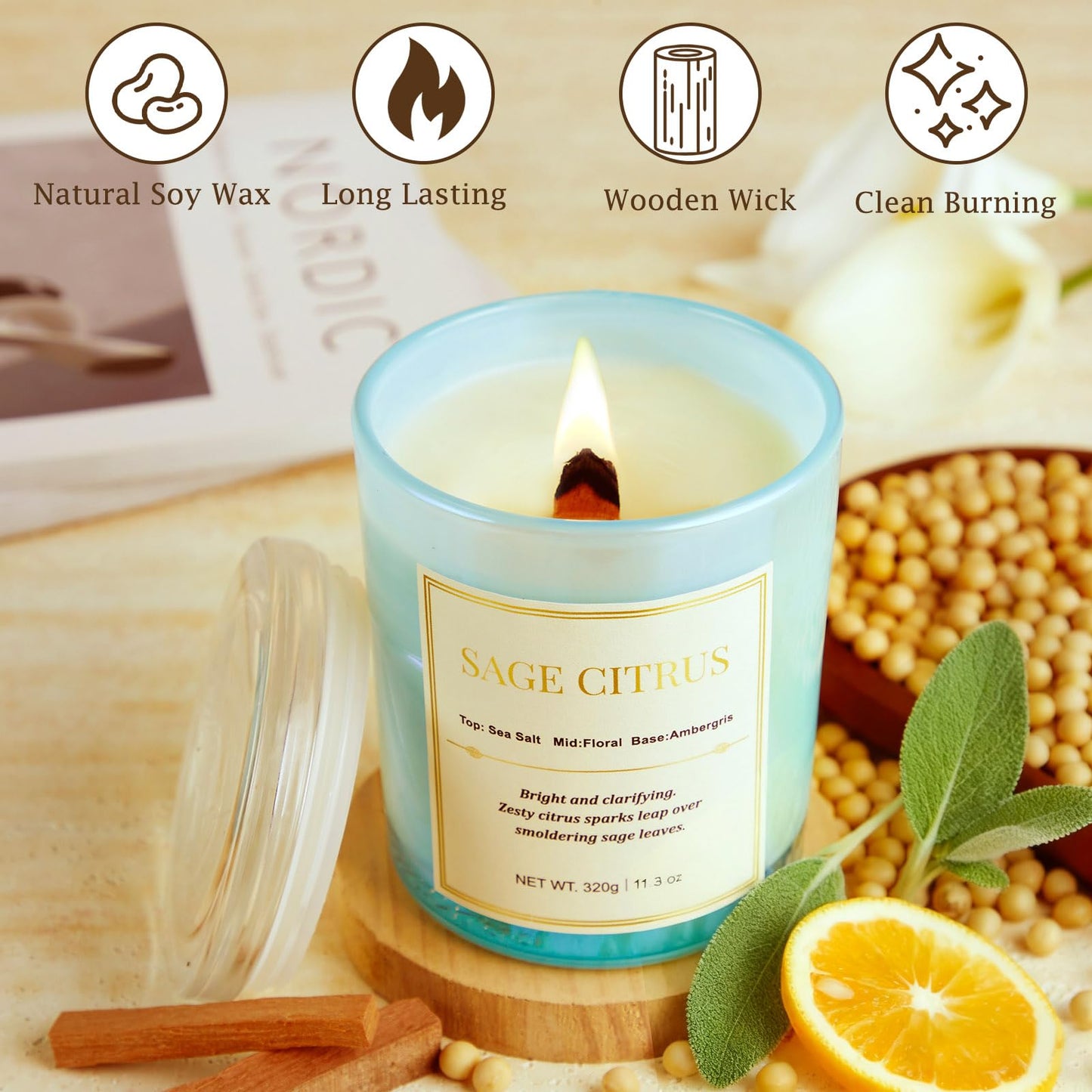 Scented Candles for Home,Wood Wick Sage Citrus Scented Candle,22.6 oz 150 Hour Long Burning Lasting, Natural Soy Wax Candles Gifts Set,for Holiday Day