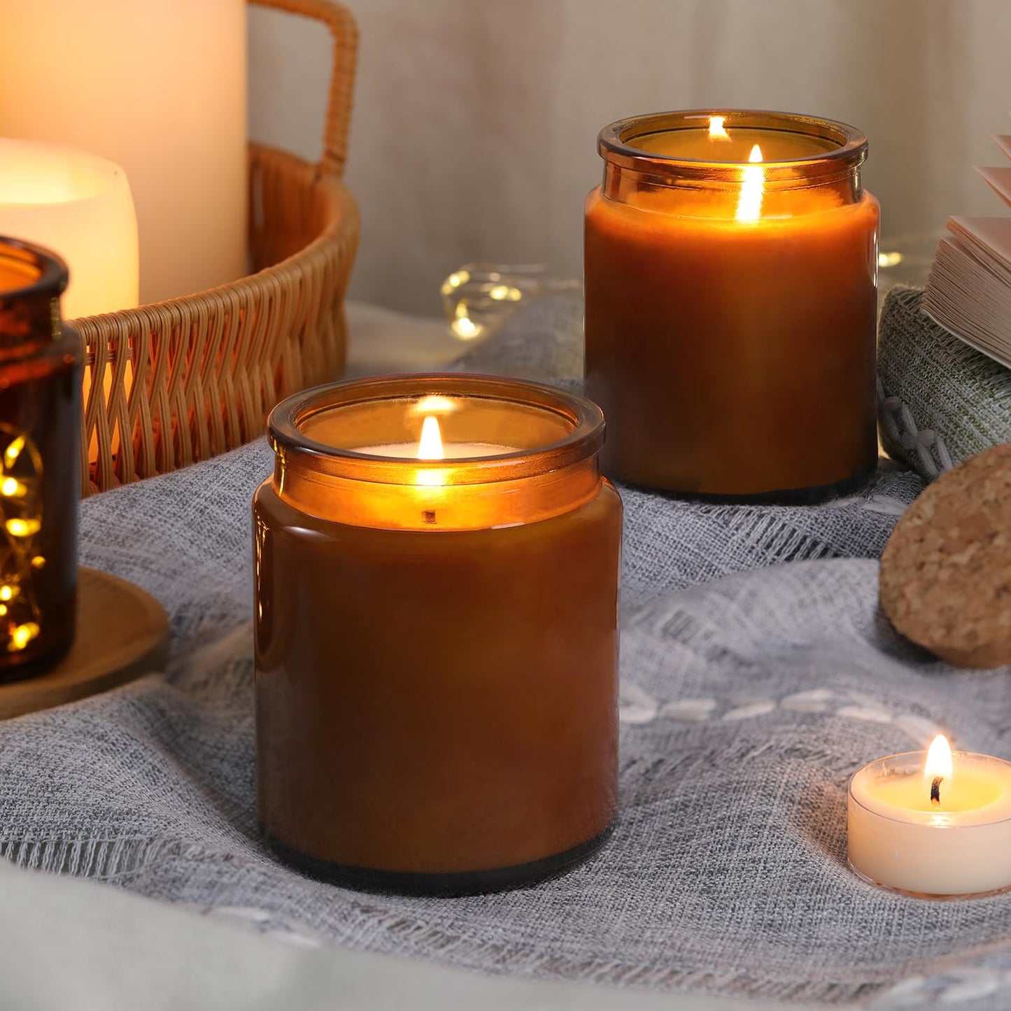 Lanttu 12 Pack Amber Candle Jars for Making Candles, 7.5oz Glass Jars with Wooden Lids and Labels, Candle Making Supplies Candle Containers for Home DIY, Gifts, Table Decor