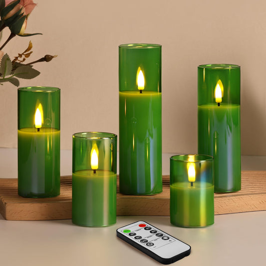 Eywamage Green Glass Flameless Candles with Remote Batteries, LED Pillar Candles Flickering Spring Home Decor Set of 5