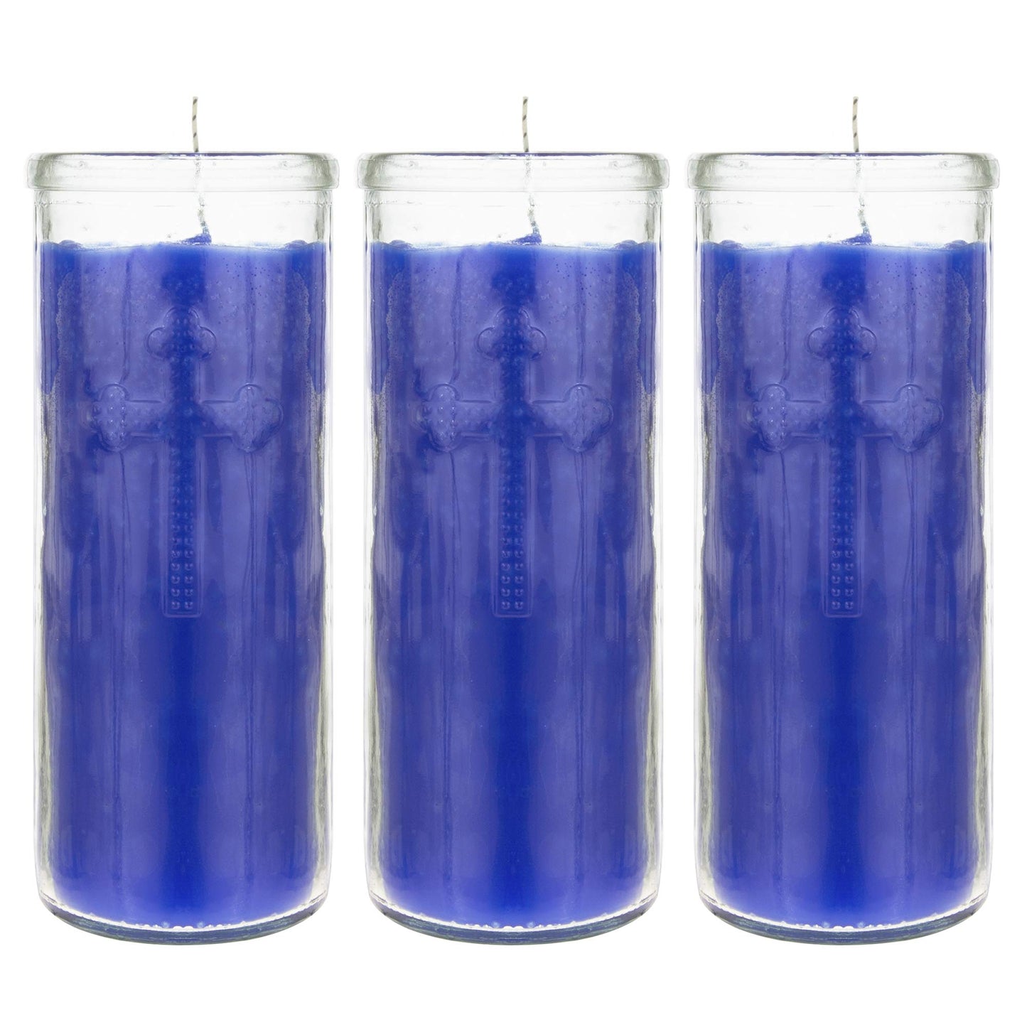 Mega Candles 3 pcs Unscented Blue Dual Cross Glass Container Altagraciano Devotional Prayer Candles, Premium Wax Candle 3 Inch x 7.25 Inch, Sanctuary, Vigils, Prayers, Blessings, Religious, Memorials