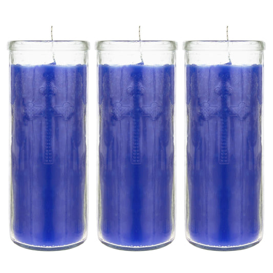 Mega Candles 3 pcs Unscented Blue Dual Cross Glass Container Altagraciano Devotional Prayer Candles, Premium Wax Candle 3 Inch x 7.25 Inch, Sanctuary, Vigils, Prayers, Blessings, Religious, Memorials