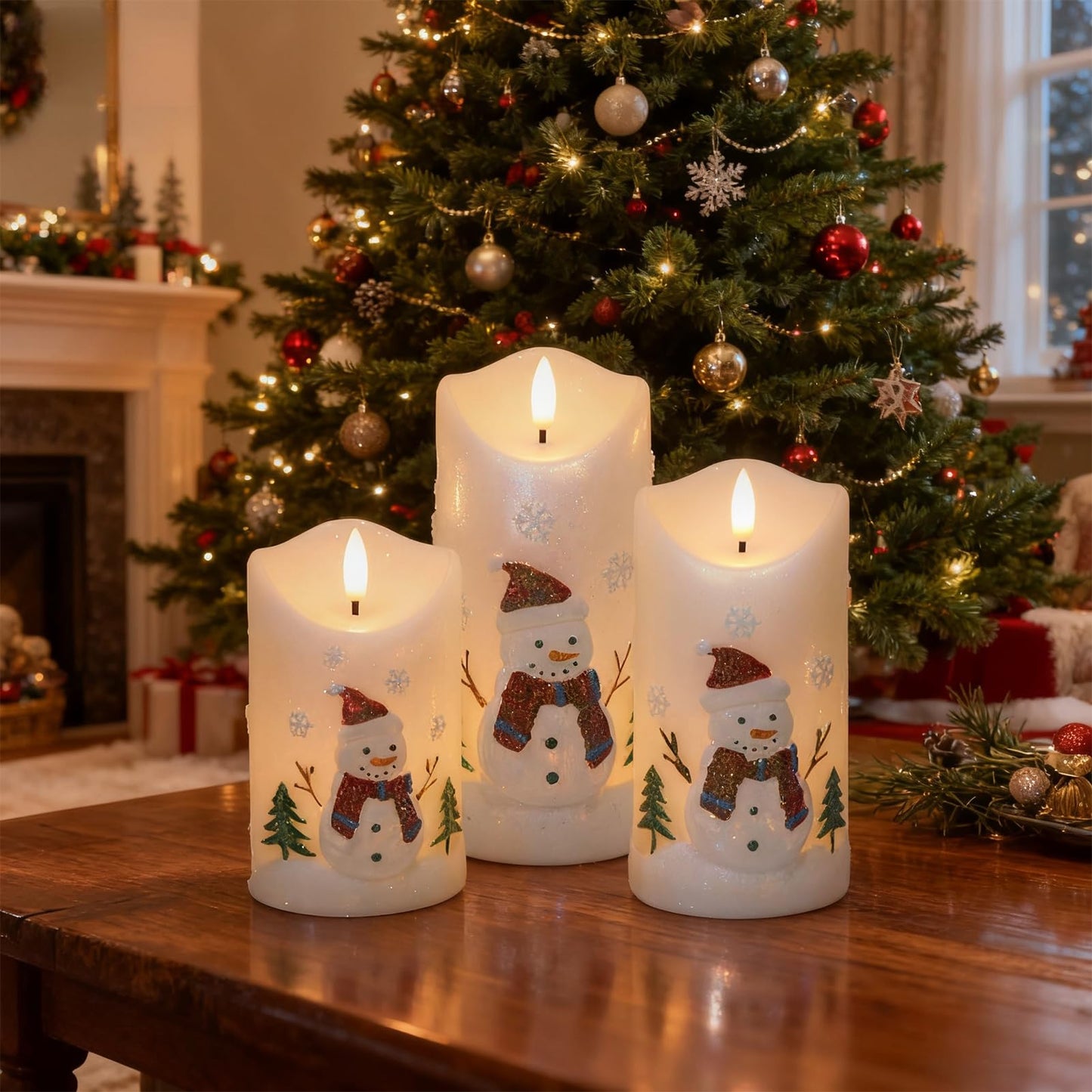DRomance Snowman Flameless Candles Battery Operated with Remote and Timer Real Wax 3D Wick Flickering LED Pillar Candles Color Painted Carved Snowflake Christmas Holiday Decor(3" D x 5", 6", 7" H)