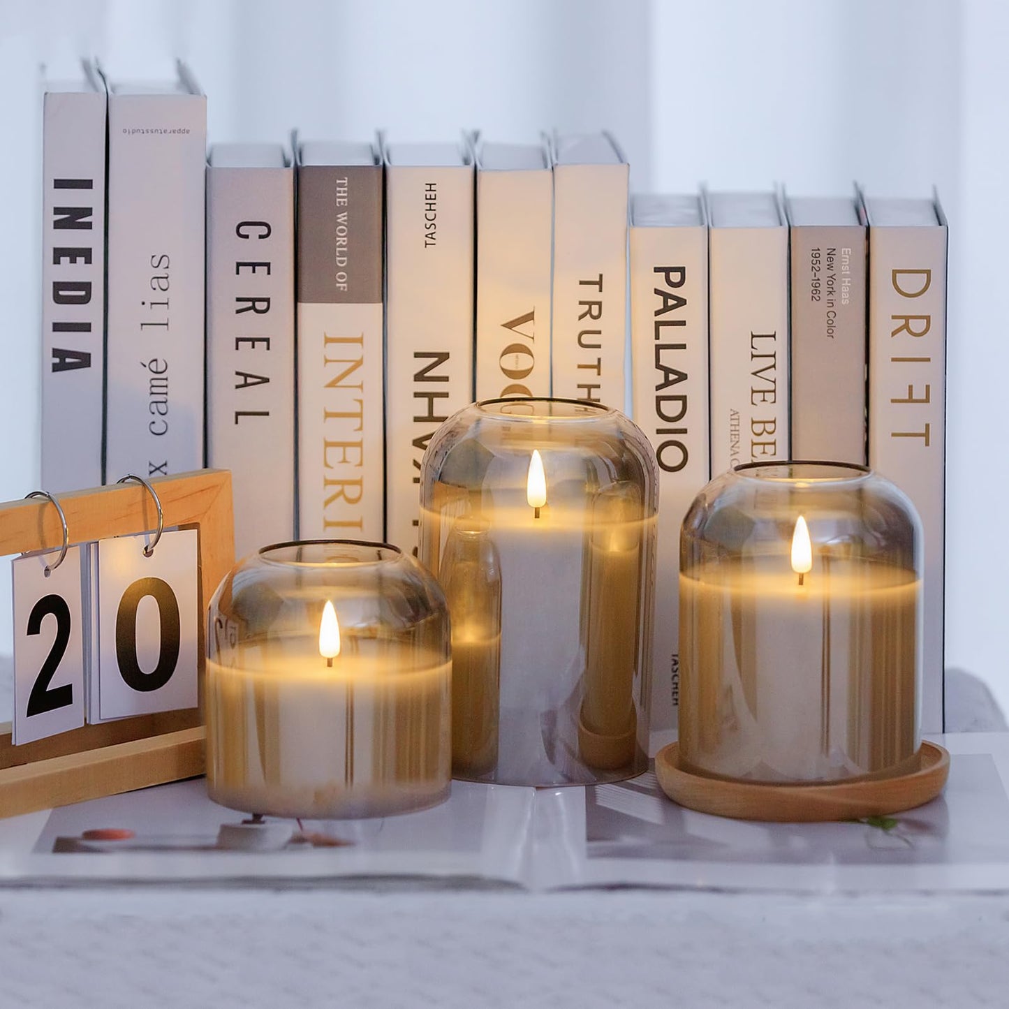 volnyus Grey Glass Flameless Candles with Remote Set of 3 Battery Operated Flickering LED Pillar Candles Real Wax Wick Φ 4"" H 4"" 5"" 6"", Gray