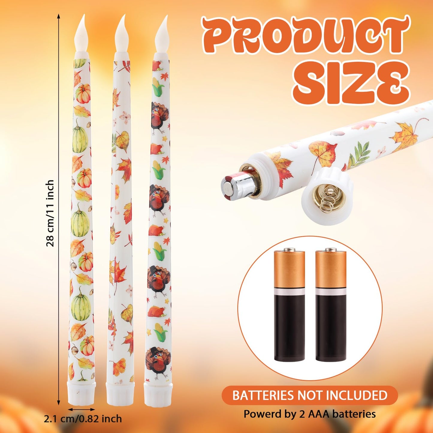 Kittmip 6 Pcs Thanksgiving Flameless Taper Candles 11 Inch Harvest Battery Operated LED Fall Leaves Pumpkin Turkey Candles Table Centerpiece for Home Party Decor