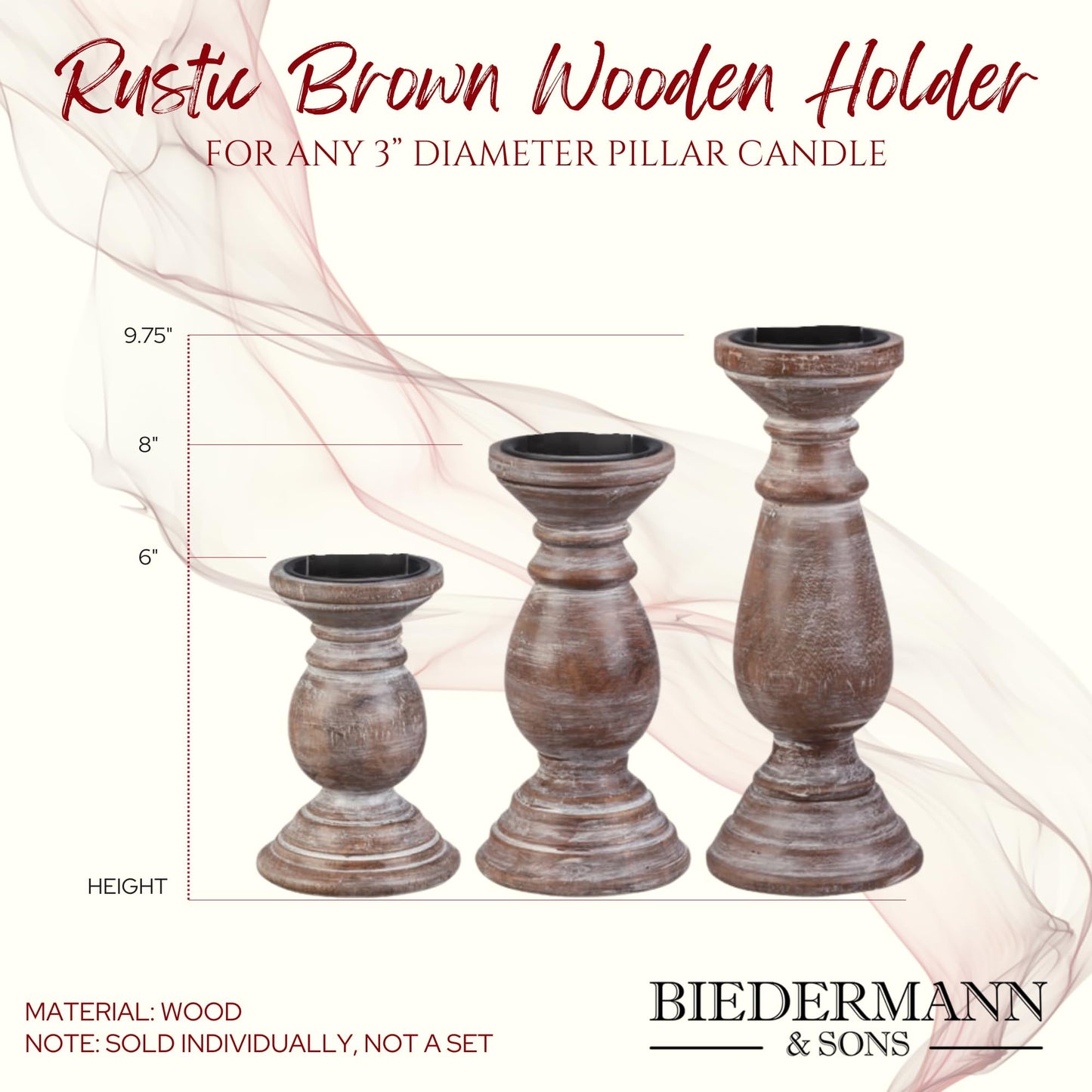 Biedermann & Sons Wooden Pillar Candle Holder, Brown, 9.75 Inch Tall, Fits Up to 3 Inch Pillar Candles, Decorative Candle Stand for Mantels, Tables and Centerpieces